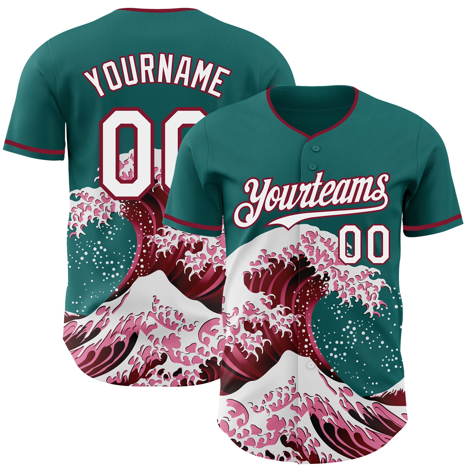 Custom Teal White-Crimson Japanese Wave 3D Pattern Design Authentic Baseball Jersey