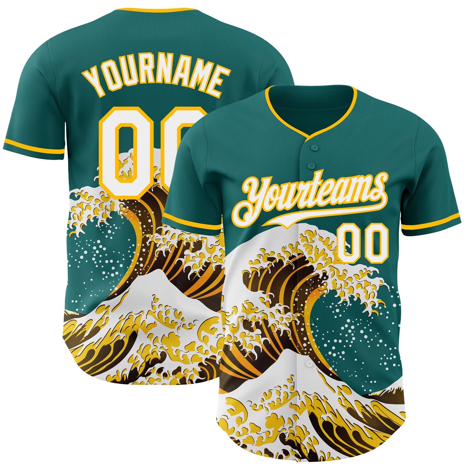 Custom Teal White-Gold Japanese Wave 3D Pattern Design Authentic Baseball Jersey