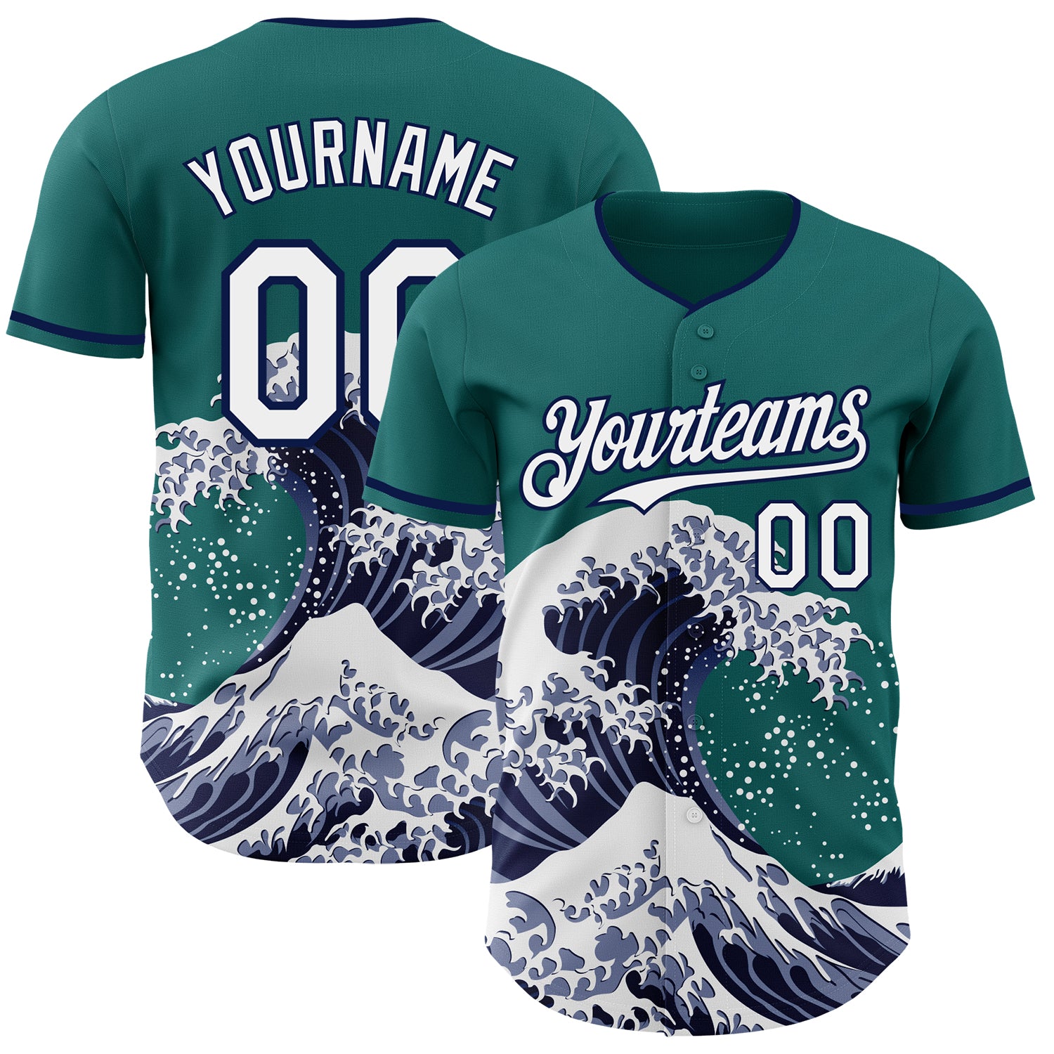 Custom Teal White-Navy Japanese Wave 3D Pattern Design Authentic Baseball Jersey