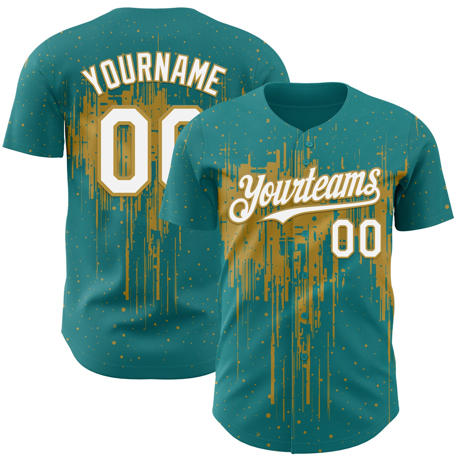 Custom Teal White-Old Gold 3D Pattern Design Dripping Splatter Paint Authentic Baseball Jersey