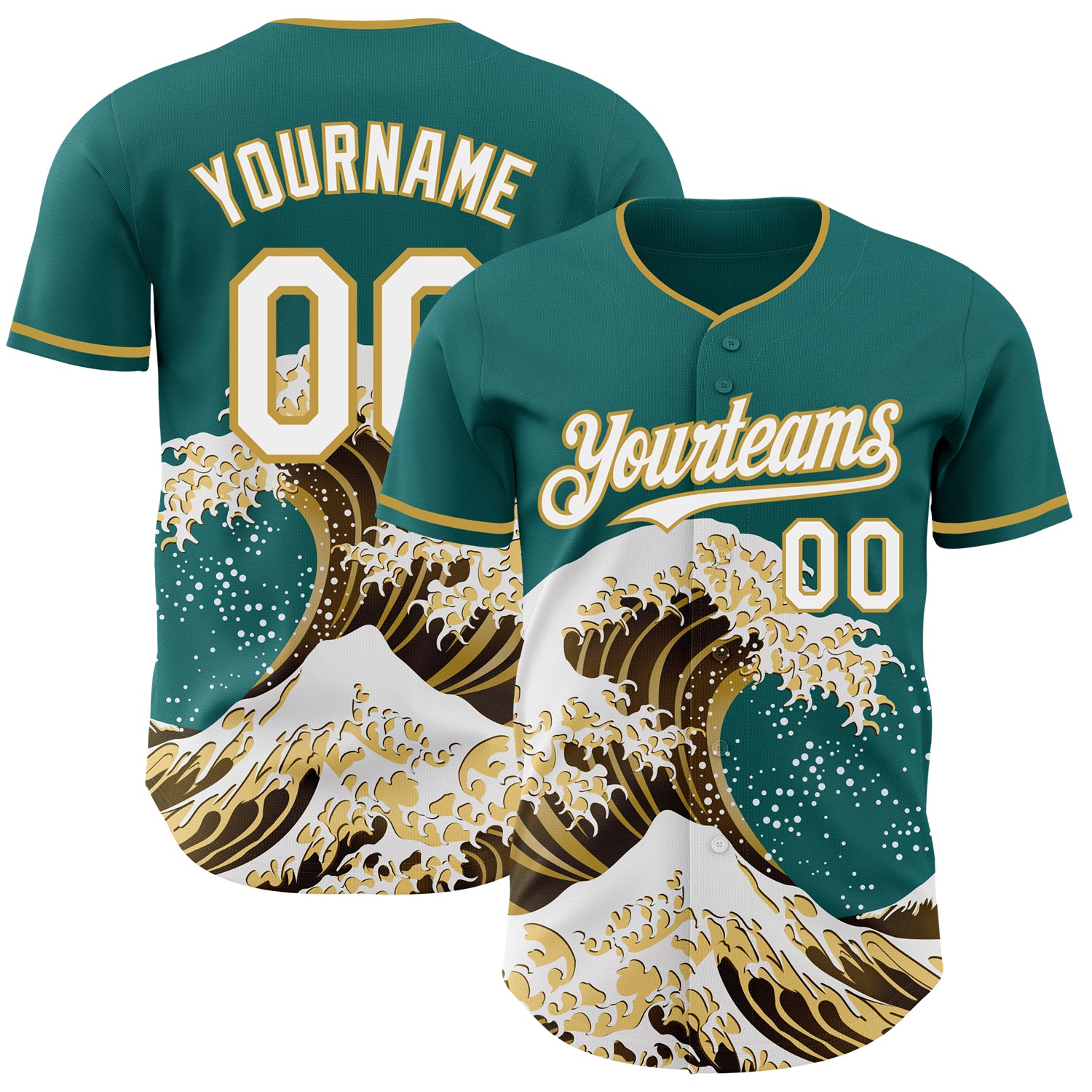 Custom Teal White-Old Gold Japanese Wave 3D Pattern Design Authentic Baseball Jersey