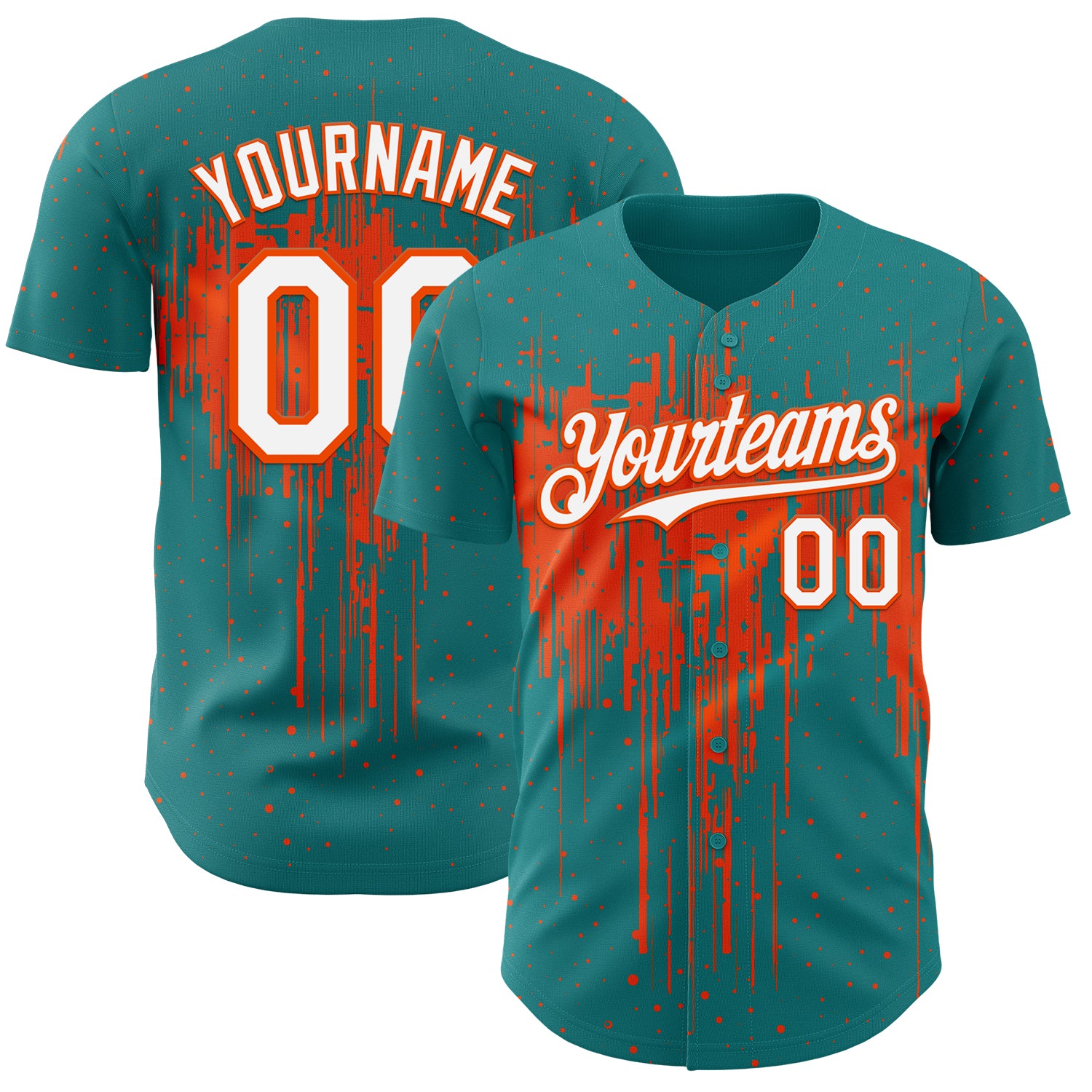 Custom Teal White-Orange 3D Pattern Design Dripping Splatter Paint Authentic Baseball Jersey