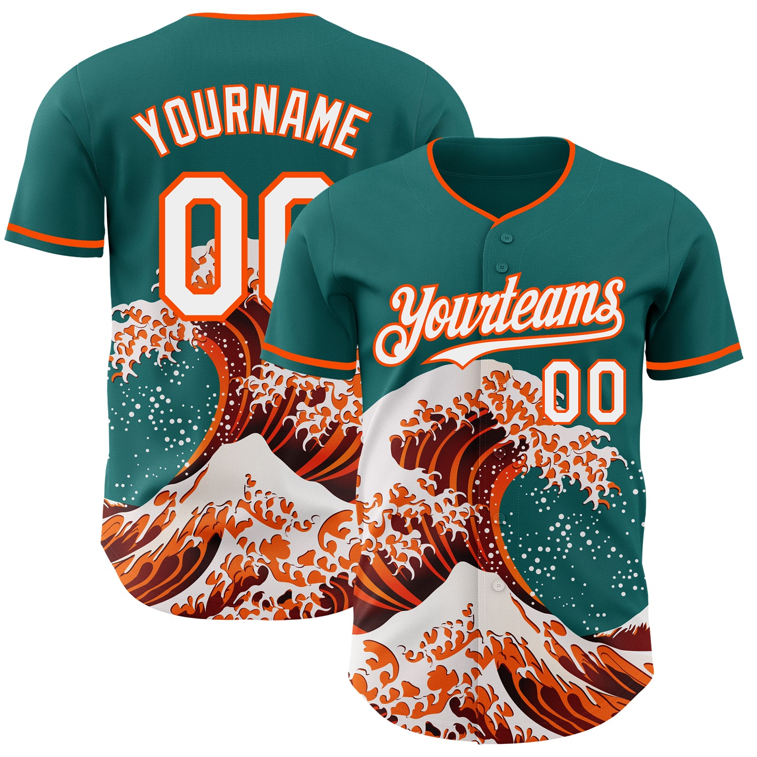 Custom Teal White-Orange Japanese Wave 3D Pattern Design Authentic Baseball Jersey