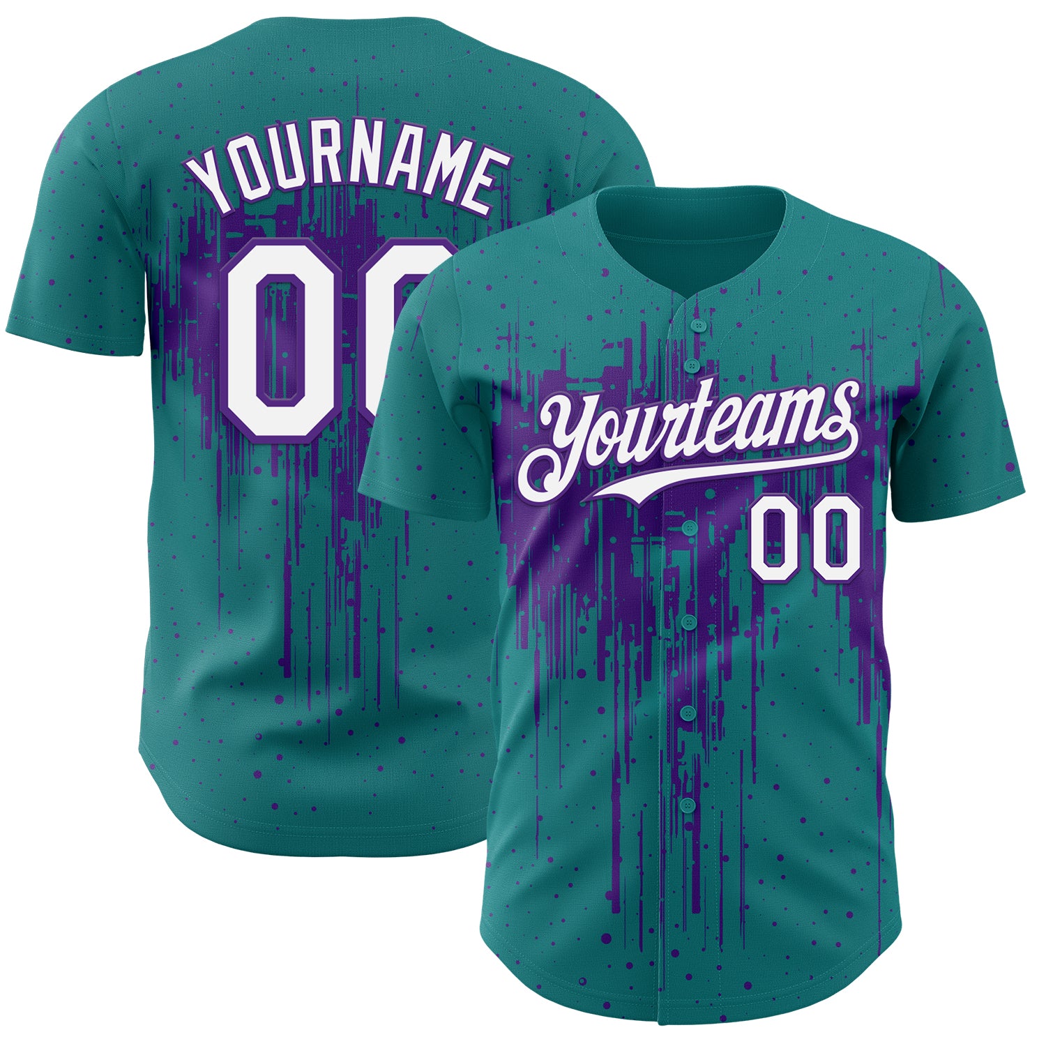 Custom Teal White-Purple 3D Pattern Design Dripping Splatter Paint Authentic Baseball Jersey