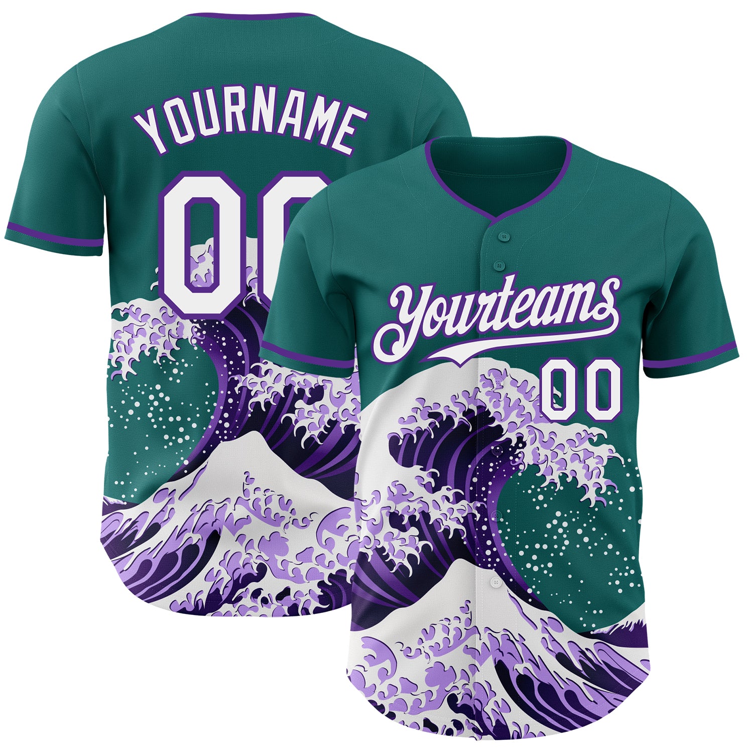 Custom Teal White-Purple Japanese Wave 3D Pattern Design Authentic Baseball Jersey