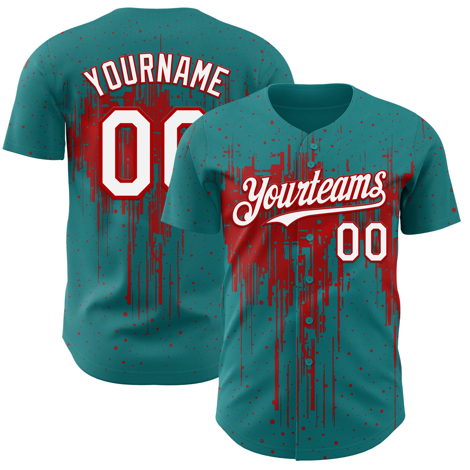 Custom Teal White-Red 3D Pattern Design Dripping Splatter Paint Authentic Baseball Jersey