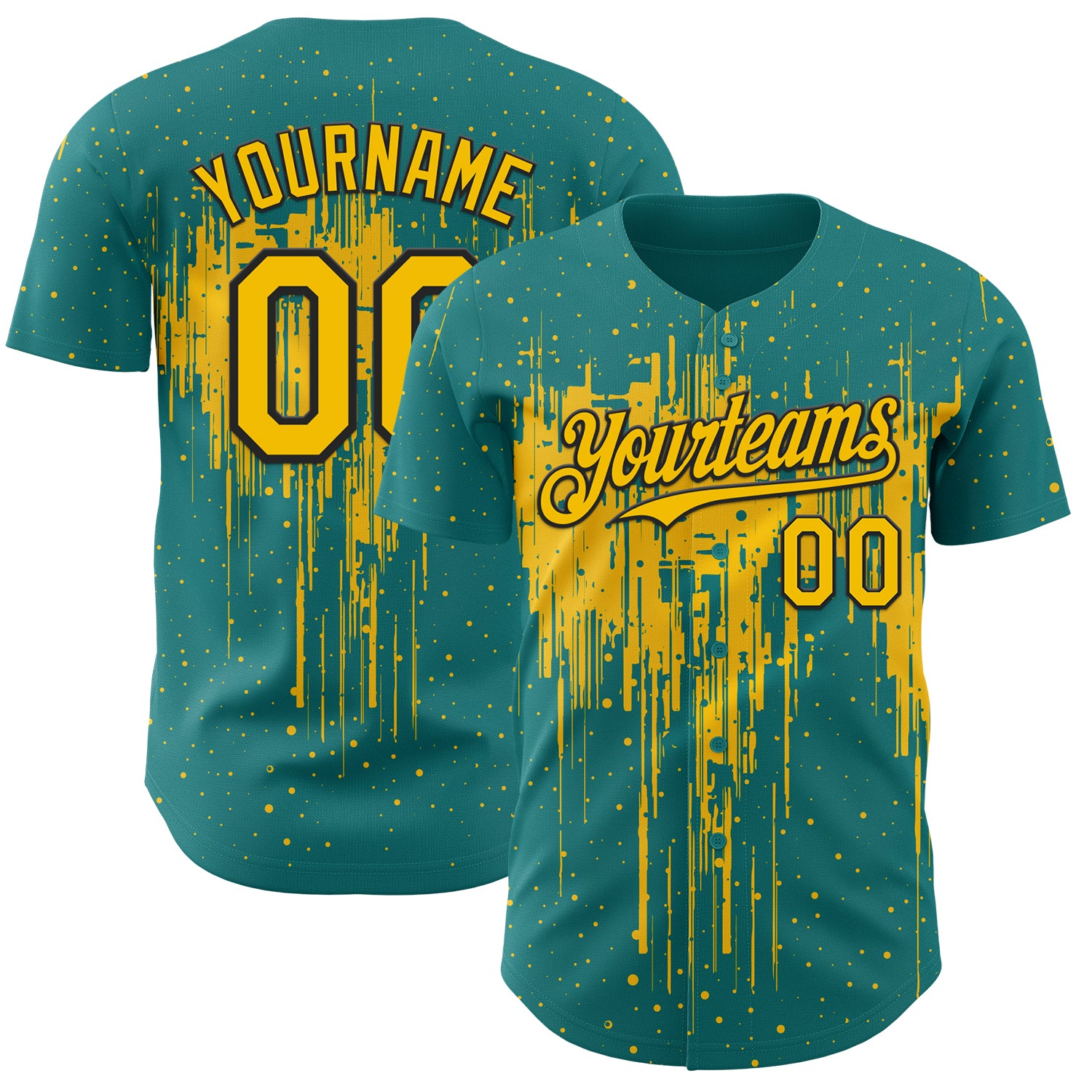 Custom Teal Yellow-Black 3D Pattern Design Dripping Splatter Paint Authentic Baseball Jersey