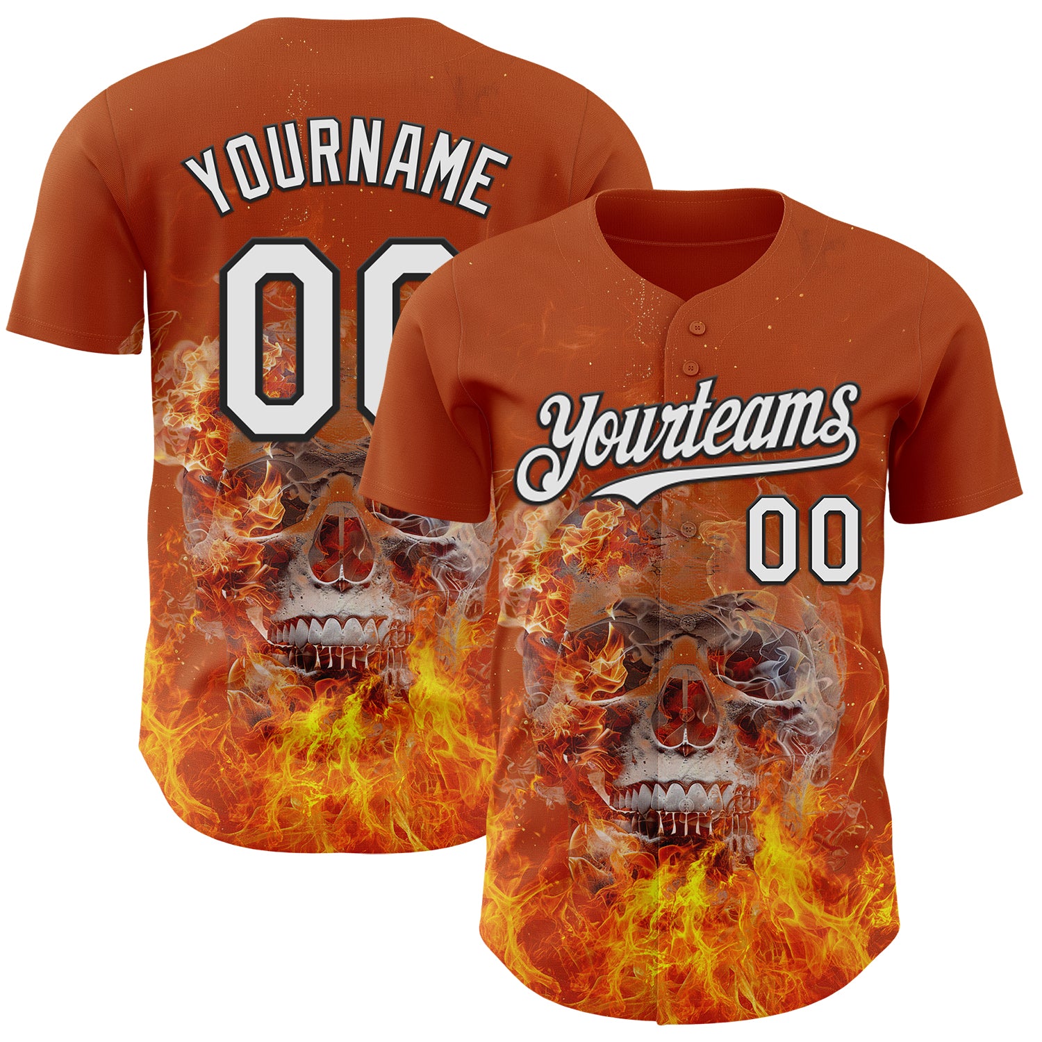 Custom Texas Orange White-Black Flames Skull Authentic Baseball Jersey
