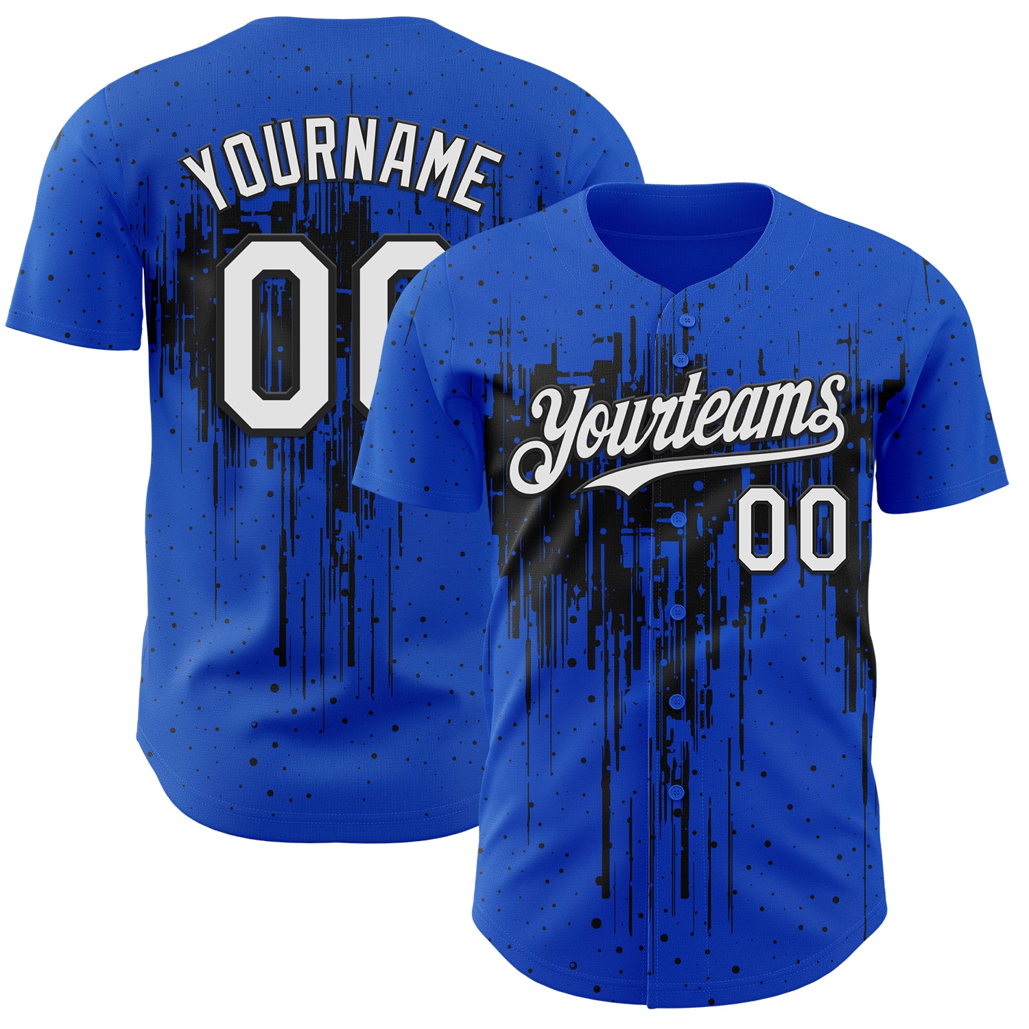 Custom Thunder Blue White-Black 3D Pattern Design Dripping Splatter Paint Authentic Baseball Jersey