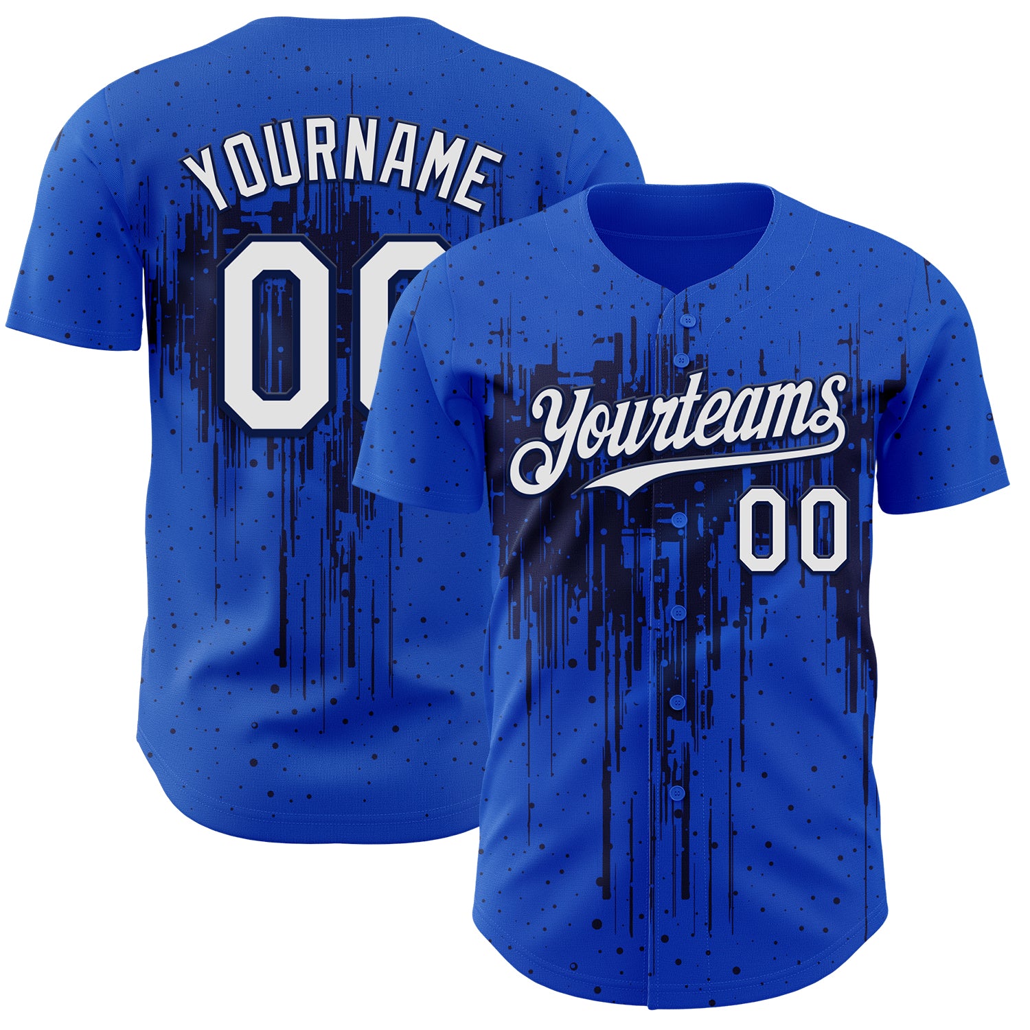 Custom Thunder Blue White-Navy 3D Pattern Design Dripping Splatter Paint Authentic Baseball Jersey