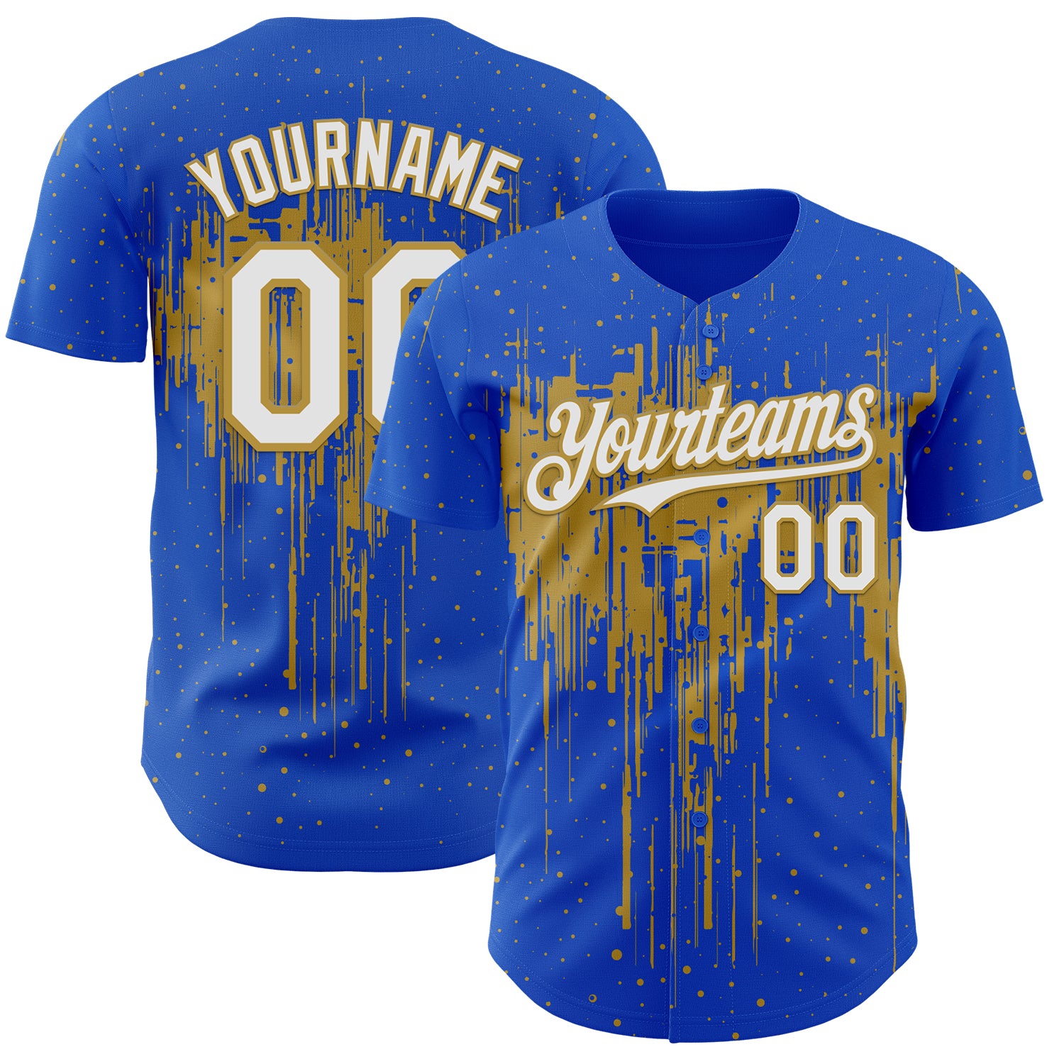 Custom Thunder Blue White-Old Gold 3D Pattern Design Dripping Splatter Paint Authentic Baseball Jersey