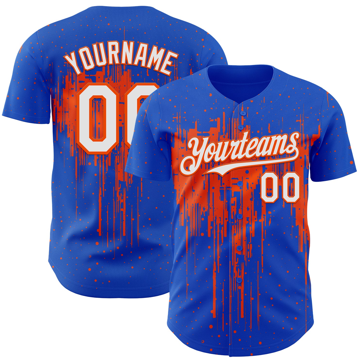Custom Thunder Blue White-Orange 3D Pattern Design Dripping Splatter Paint Authentic Baseball Jersey