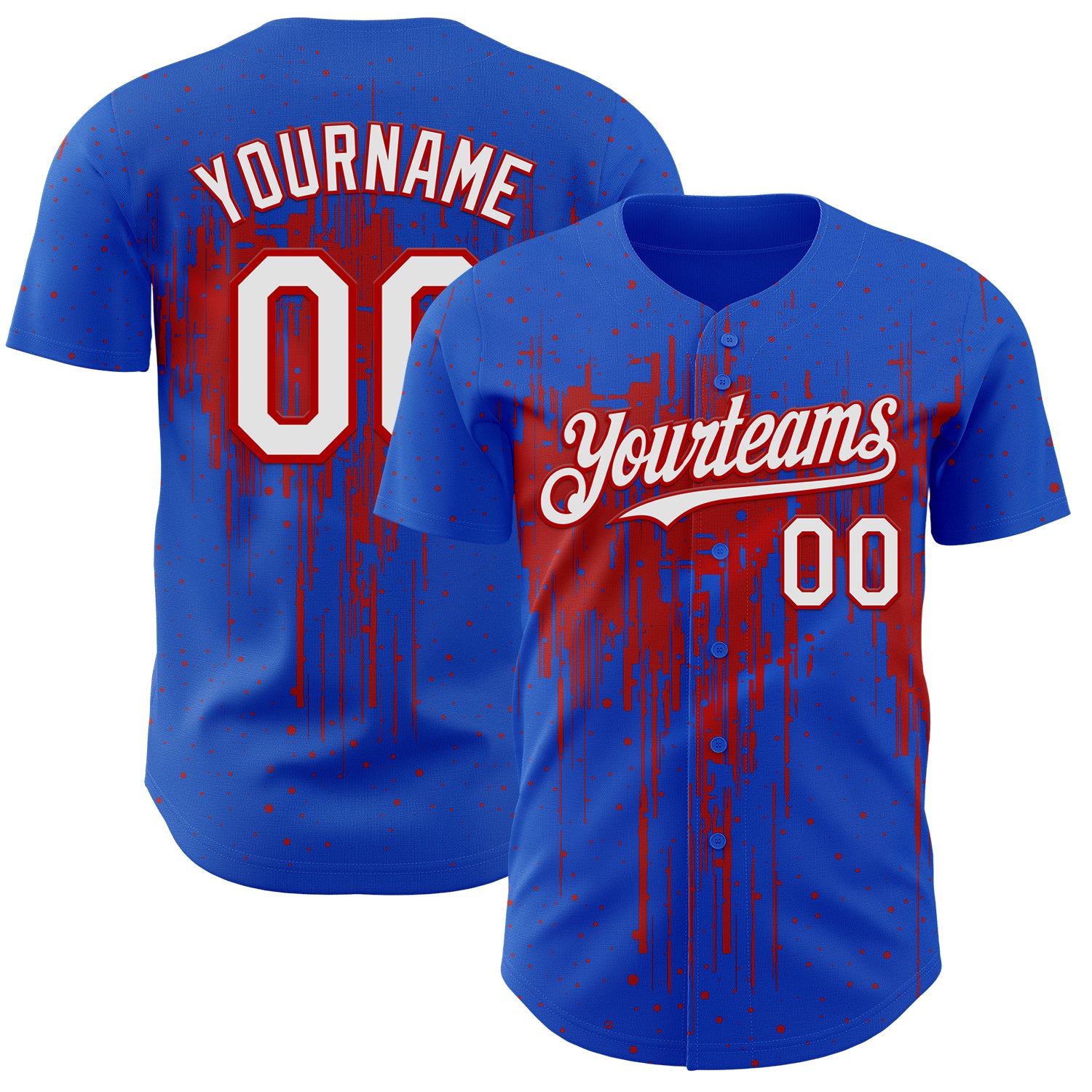 Custom Thunder Blue White-Red 3D Pattern Design Dripping Splatter Paint Authentic Baseball Jersey