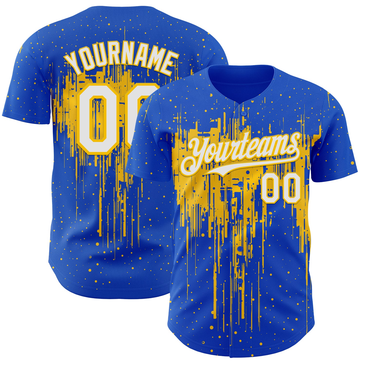 Custom Thunder Blue White-Yellow 3D Pattern Design Dripping Splatter Paint Authentic Baseball Jersey