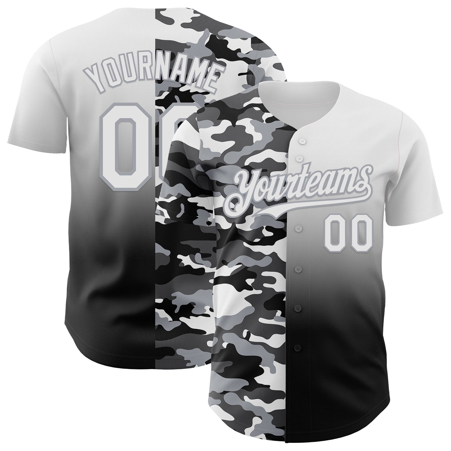 Custom White Black-Gray Half Camo Ombre Authentic Baseball Jersey