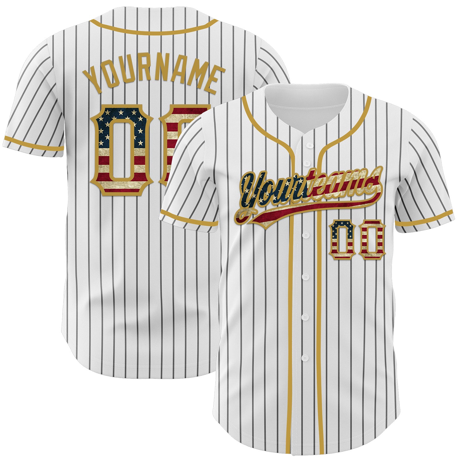 Custom White Black Pinstripe Vintage USA Flag-Old Gold Authentic Baseball Jersey