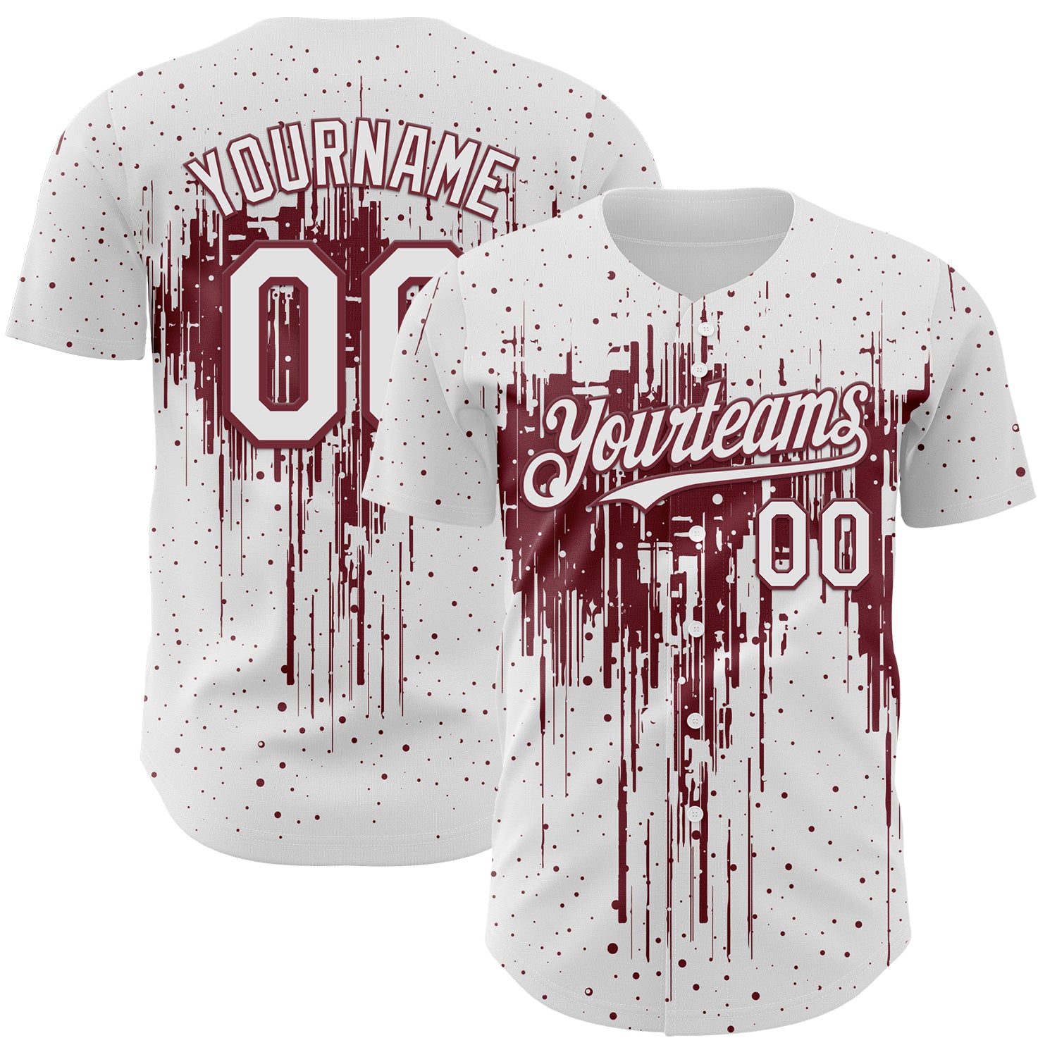 Custom White Burgundy 3D Pattern Design Dripping Splatter Paint Authentic Baseball Jersey