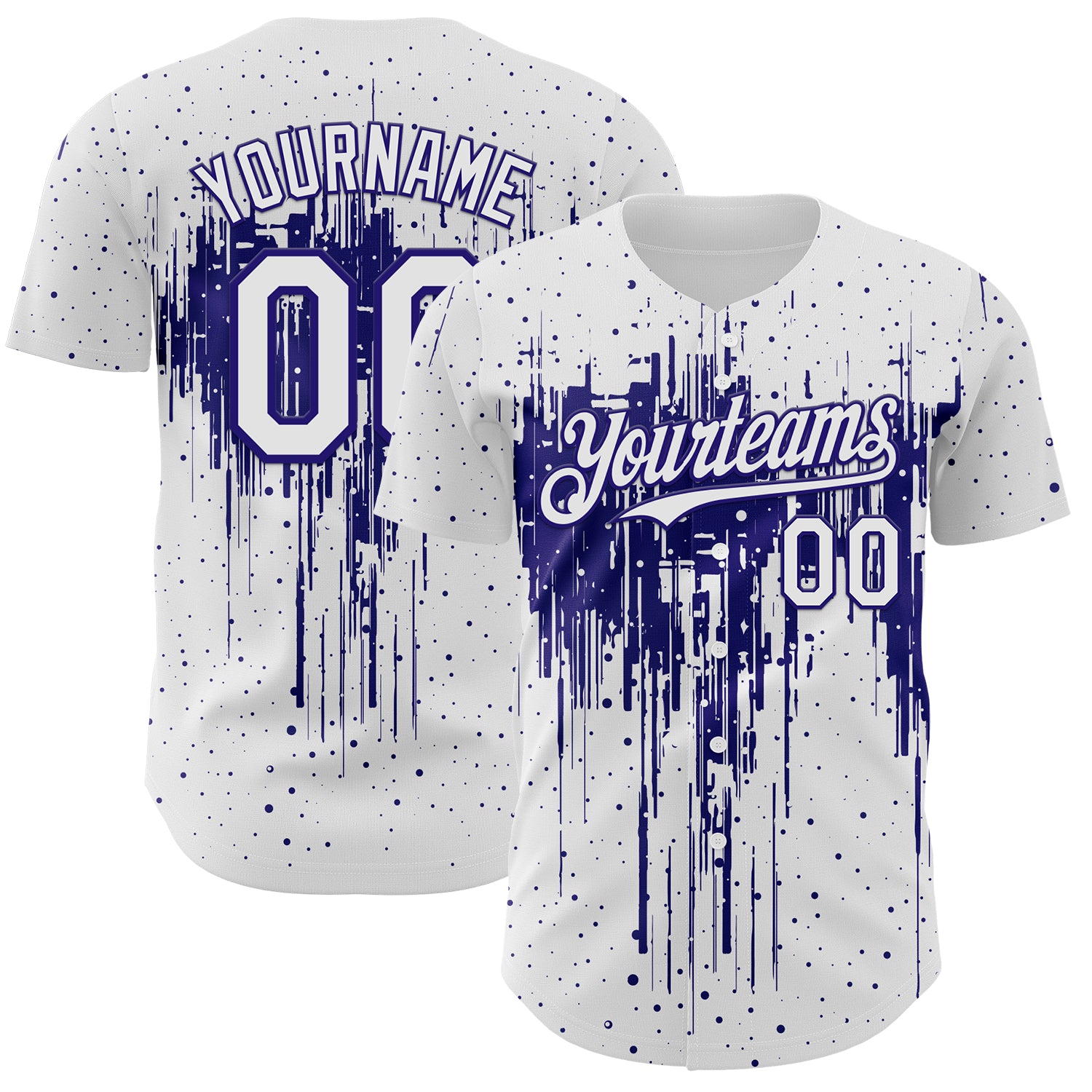 Custom White Dark Purple 3D Pattern Design Dripping Splatter Paint Authentic Baseball Jersey