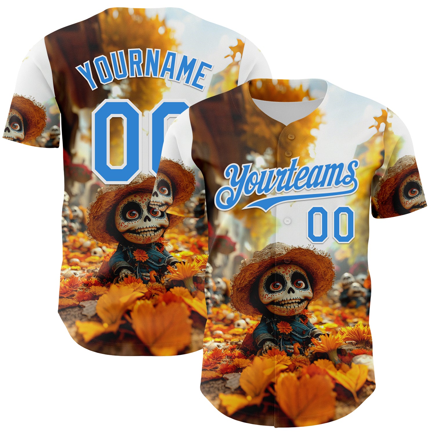 Custom White Electric Blue Sugar Skull Day of the Dead Mexican Folk Art Authentic Baseball Jersey