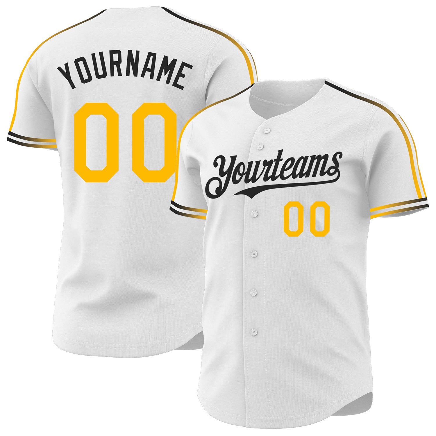 Custom White Gold-Black Raglan Line Gradient Stripe Authentic Baseball Jersey
