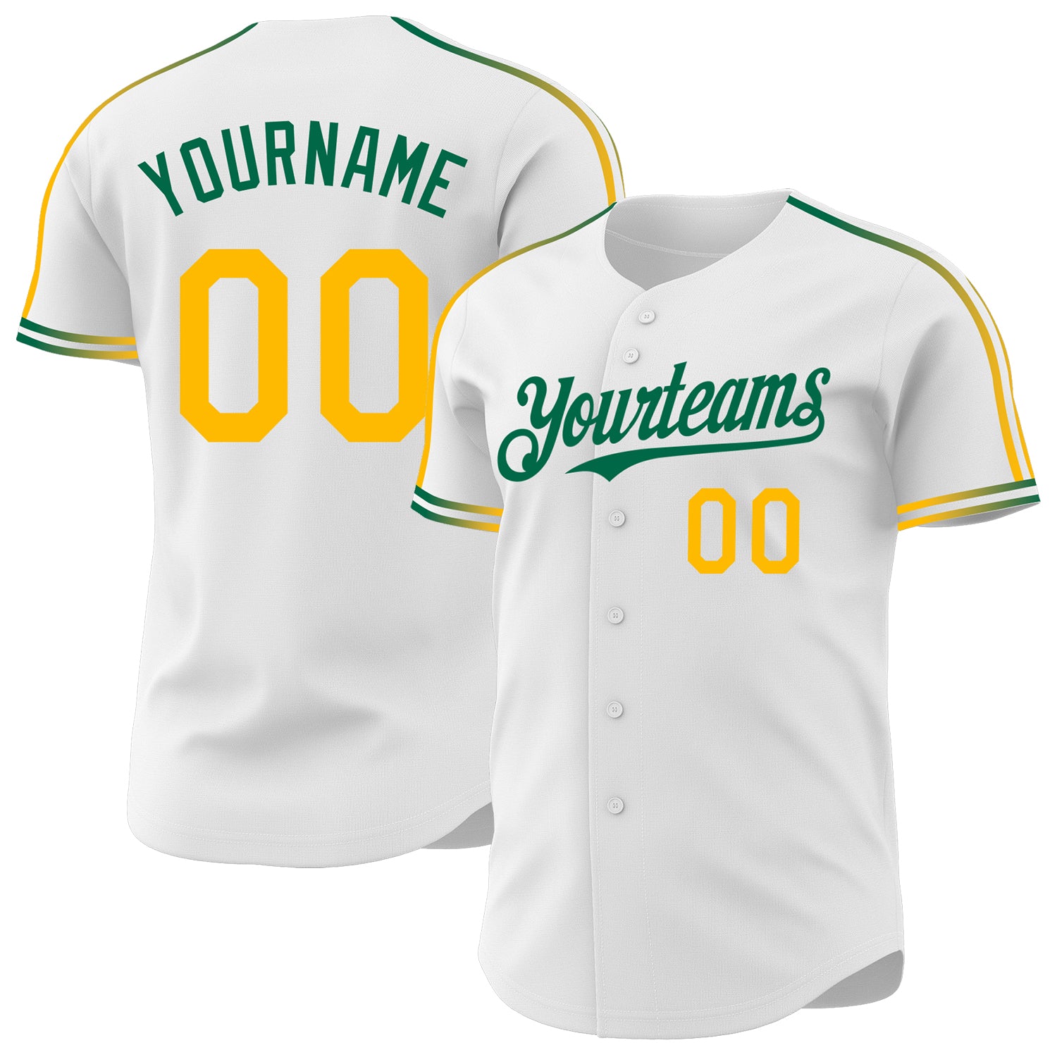 Custom White Gold-Kelly Green Raglan Line Gradient Stripe Authentic Baseball Jersey
