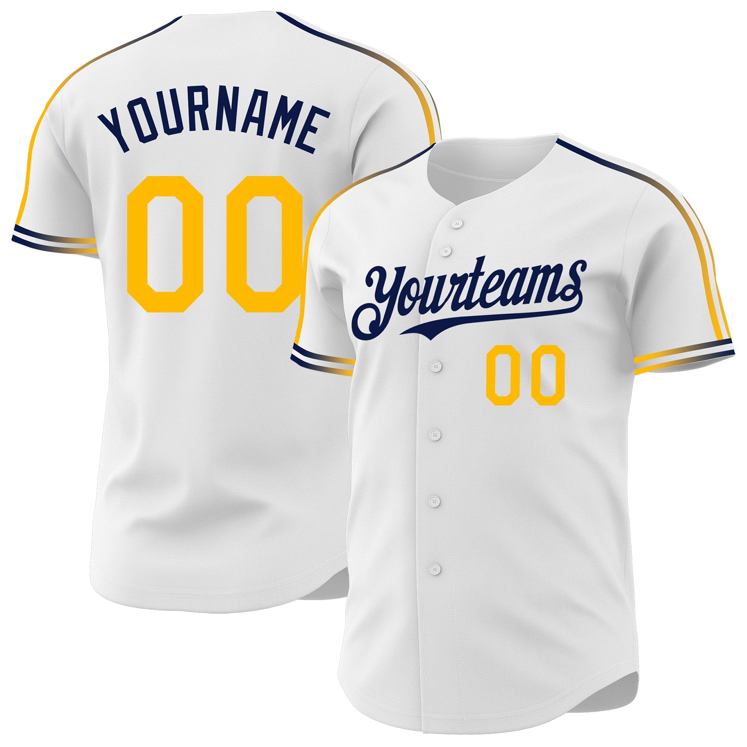 Custom White Gold-Navy Raglan Line Gradient Stripe Authentic Baseball Jersey