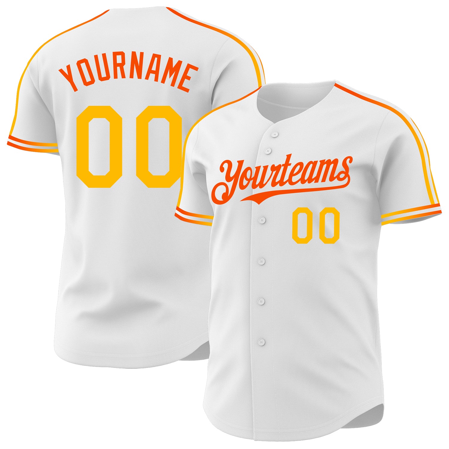 Custom White Gold-Orange Raglan Line Gradient Stripe Authentic Baseball Jersey