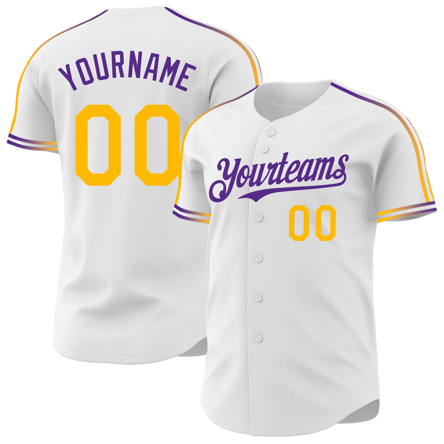 Custom White Gold-Purple Raglan Line Gradient Stripe Authentic Baseball Jersey