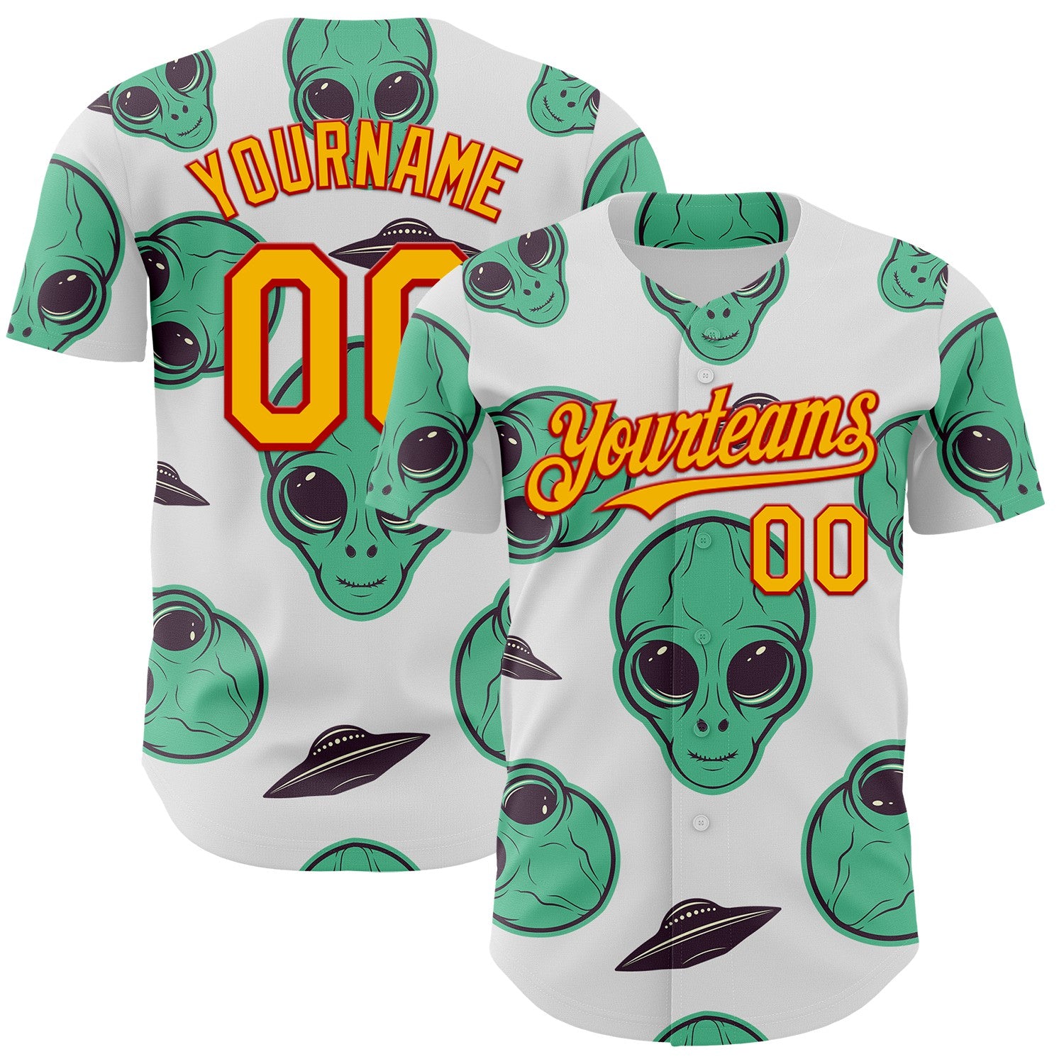 Custom White Gold-Red 3D Pattern Design Alien UFO Space Authentic Baseball Jersey