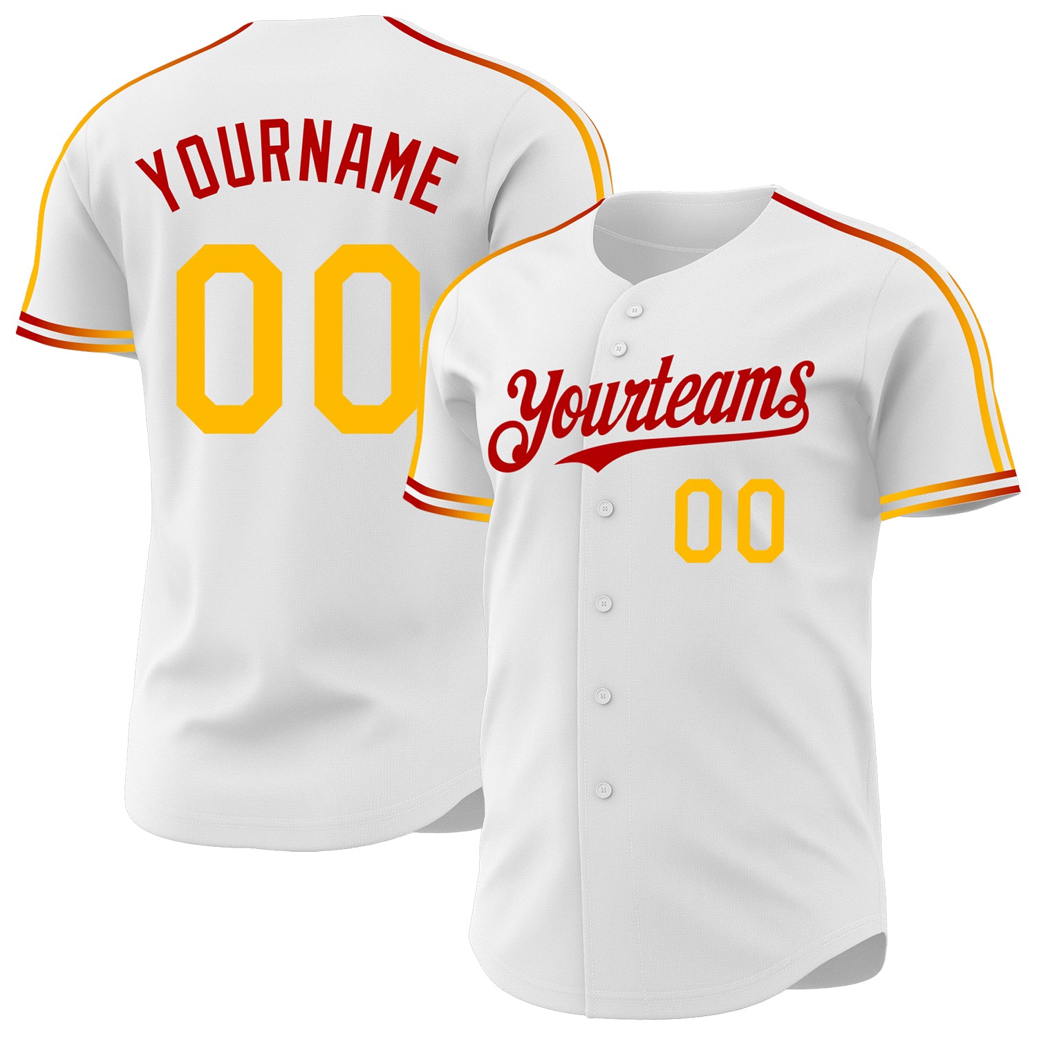 Custom White Gold-Red Raglan Line Gradient Stripe Authentic Baseball Jersey