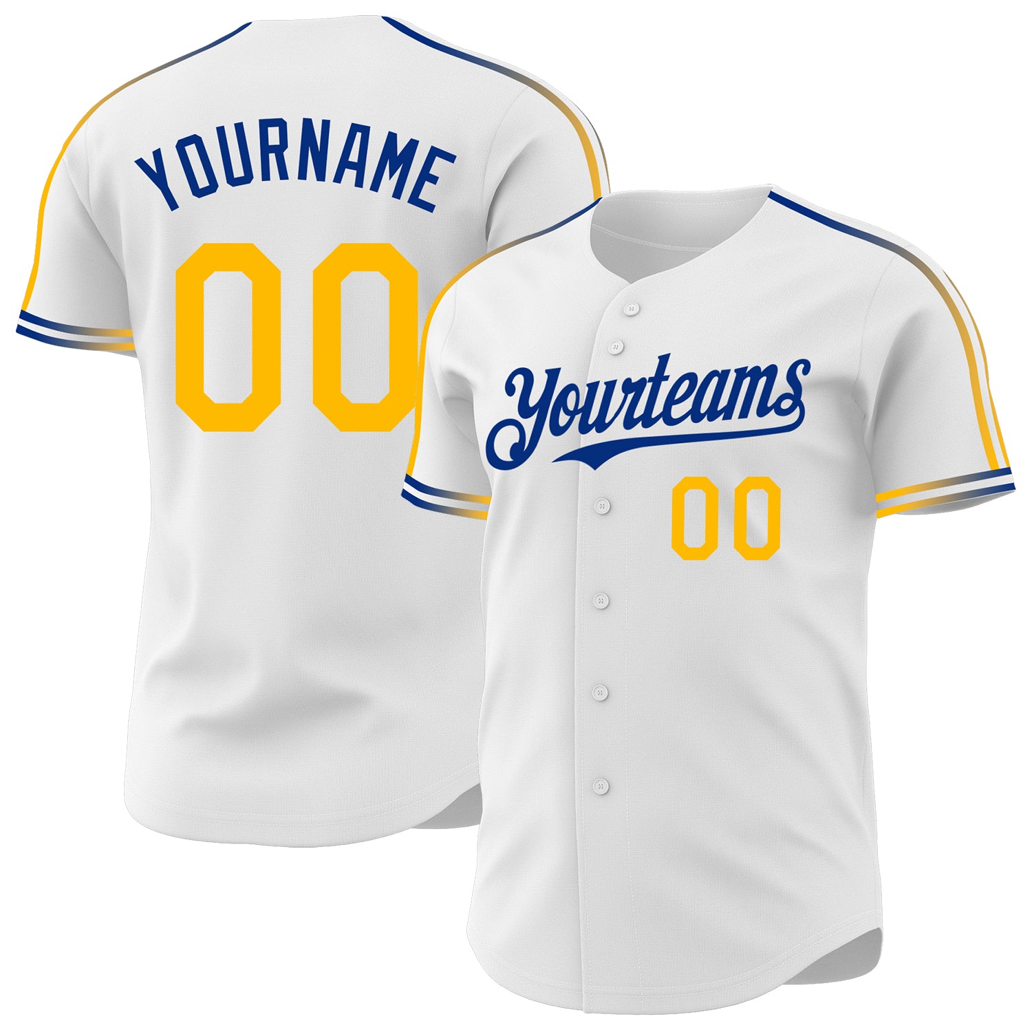 Custom White Gold-Royal Raglan Line Gradient Stripe Authentic Baseball Jersey
