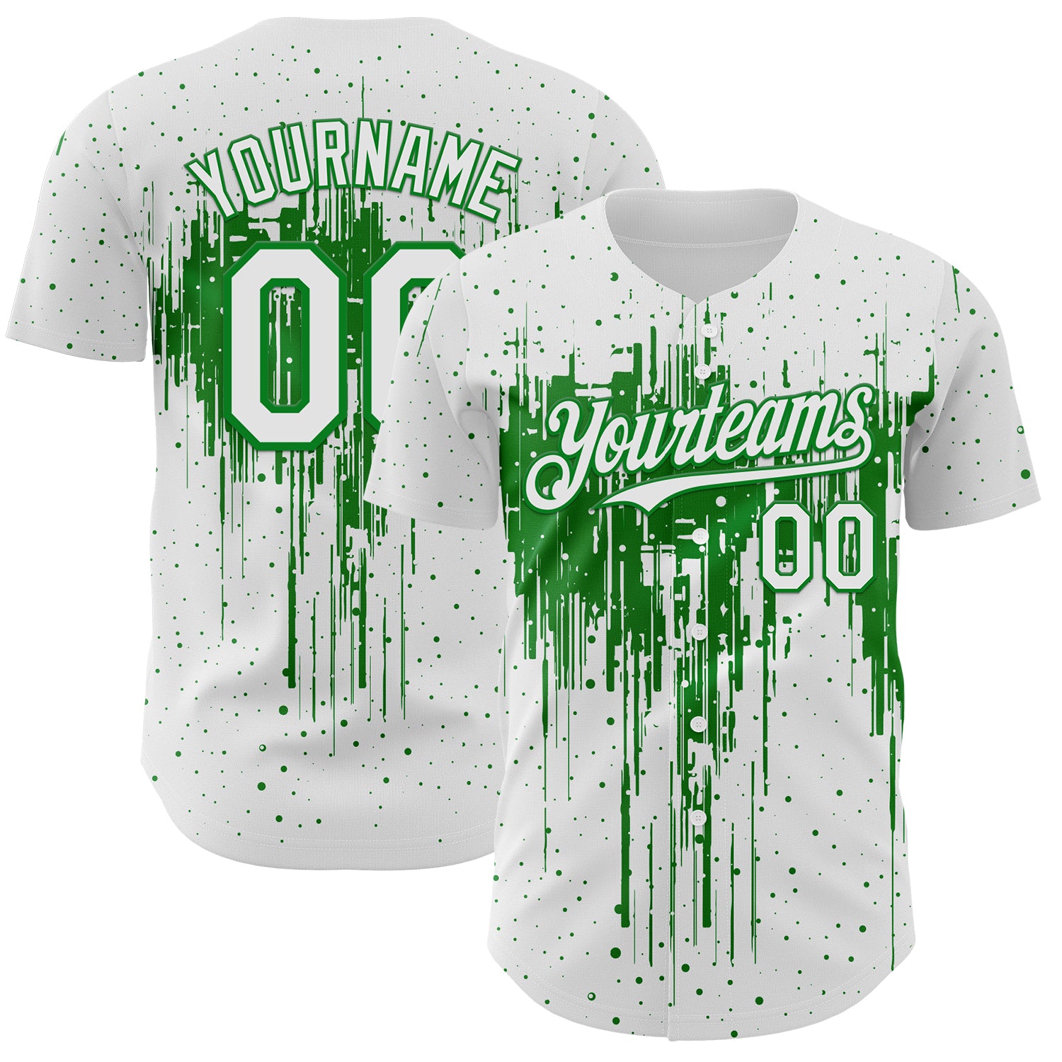 Custom White Grass Green 3D Pattern Design Dripping Splatter Paint Authentic Baseball Jersey