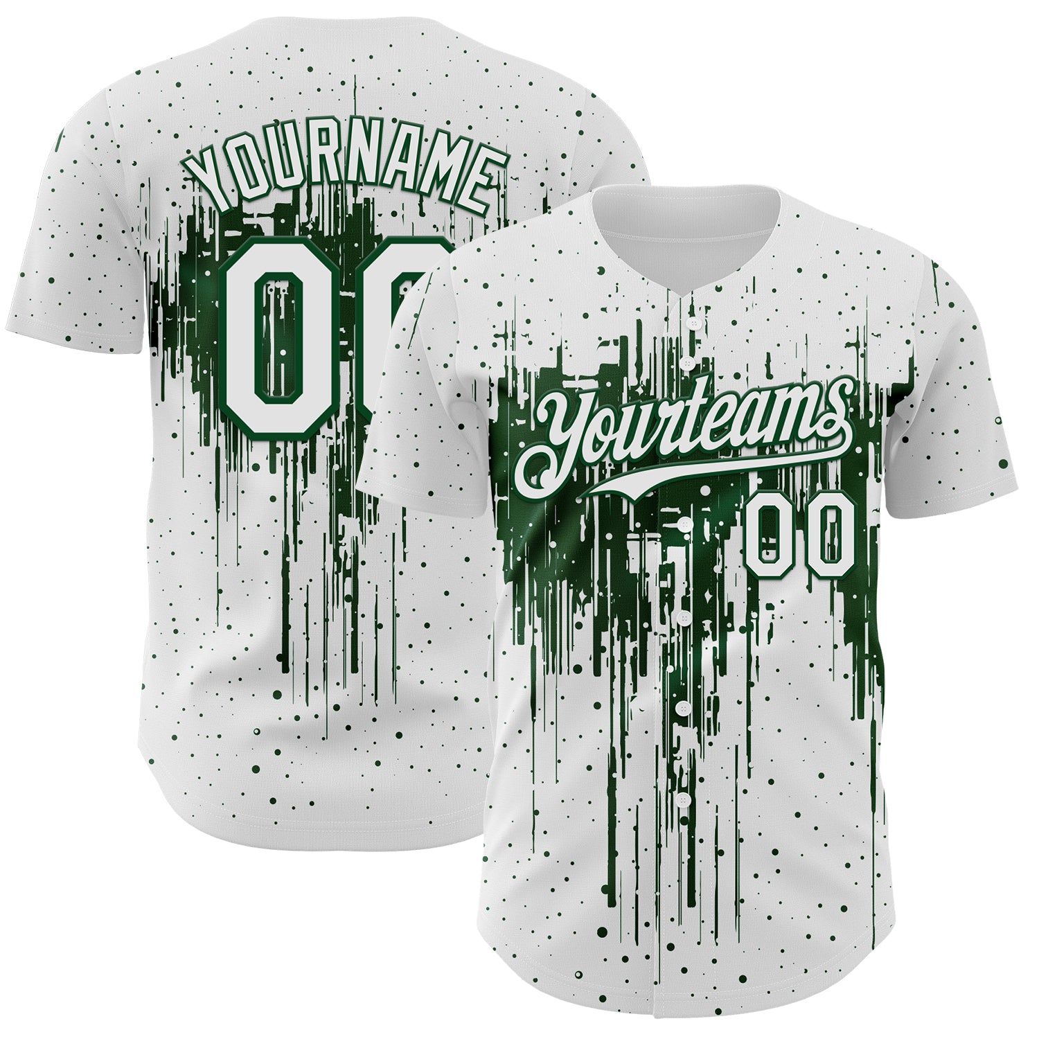 Custom White Green 3D Pattern Design Dripping Splatter Paint Authentic Baseball Jersey