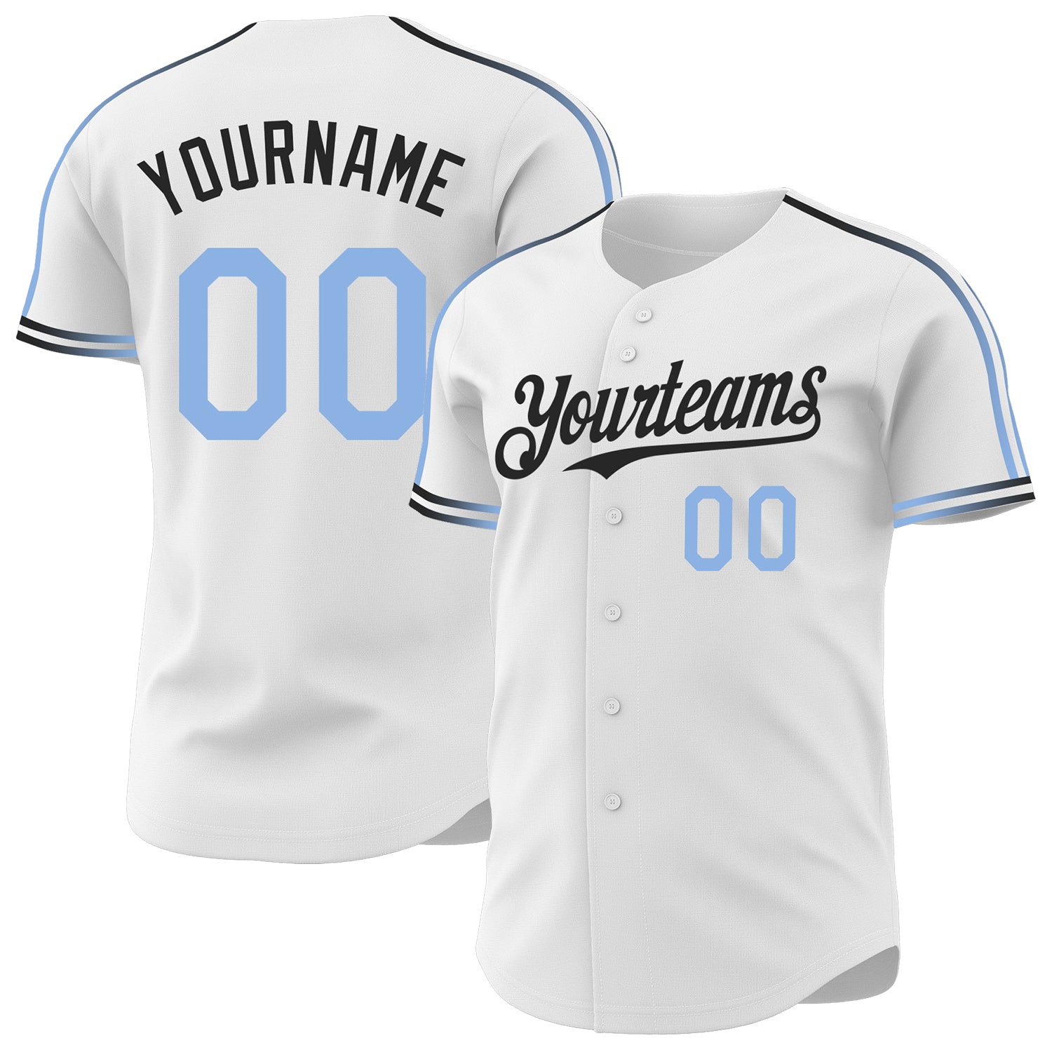 Custom White Light Blue-Black Raglan Line Gradient Stripe Authentic Baseball Jersey