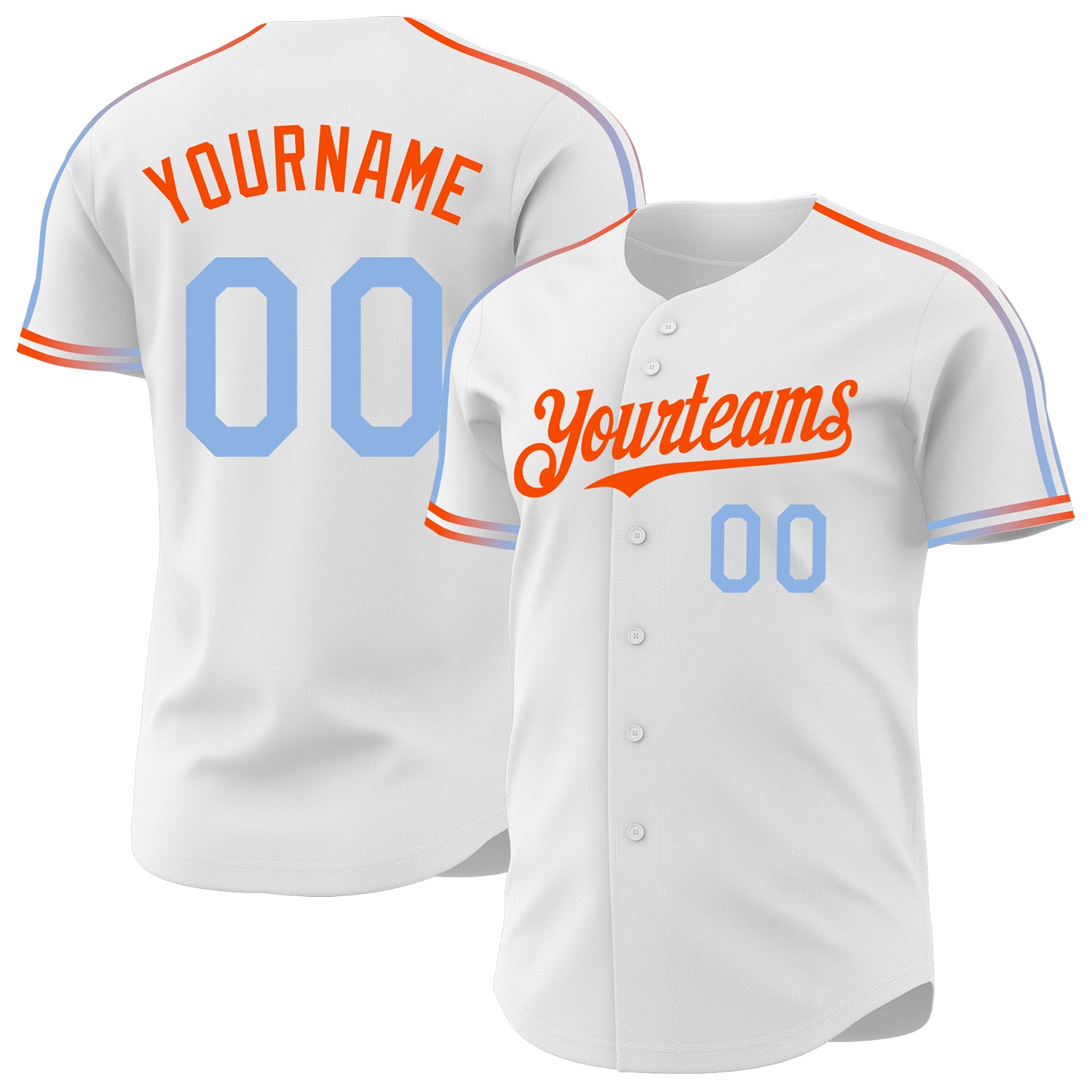 Custom White Light Blue-Orange Raglan Line Gradient Stripe Authentic Baseball Jersey