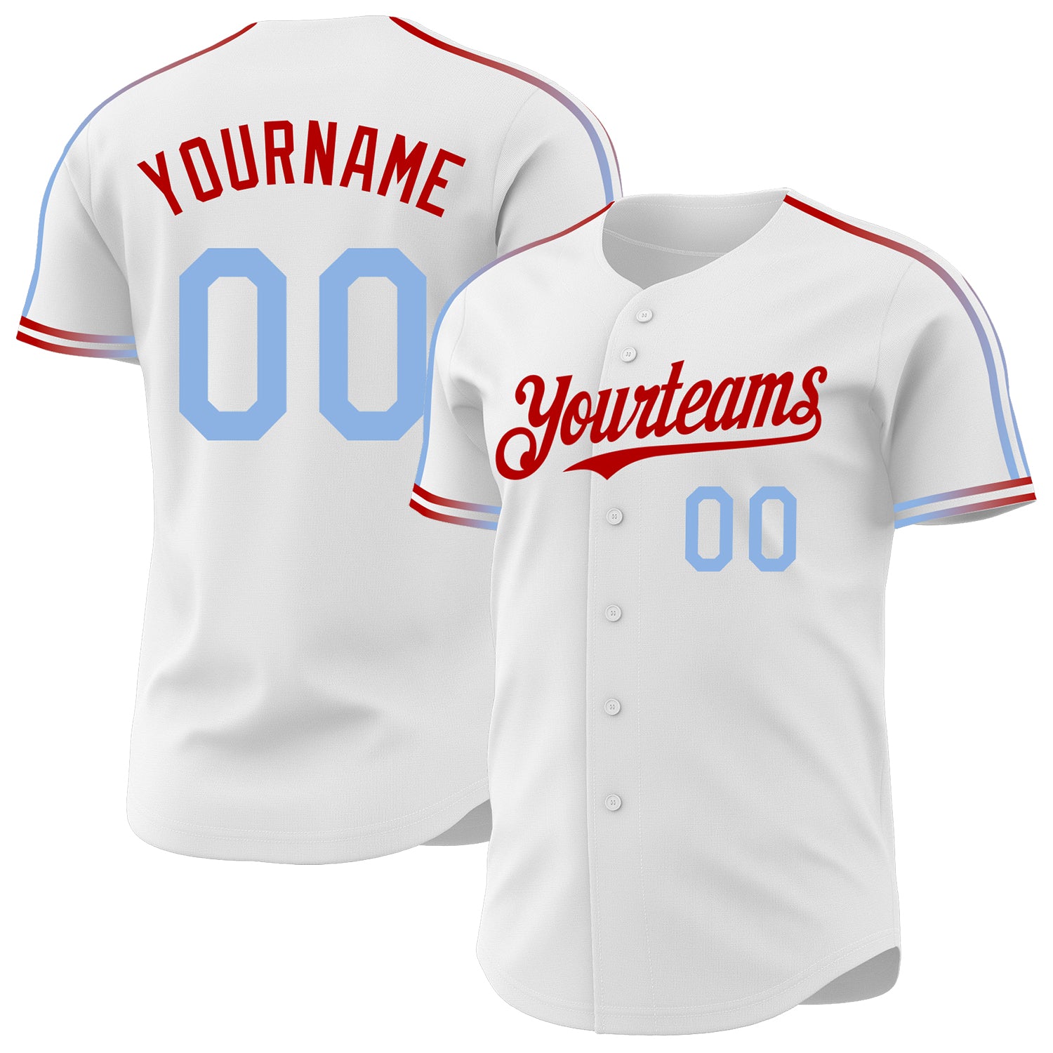 Custom White Light Blue-Red Raglan Line Gradient Stripe Authentic Baseball Jersey