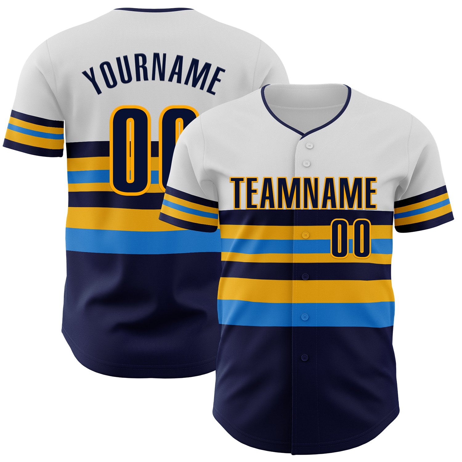 Custom White Navy Electric Blue-Gold Block Stripes Lines Tampa Bay Style Authentic Baseball Jersey