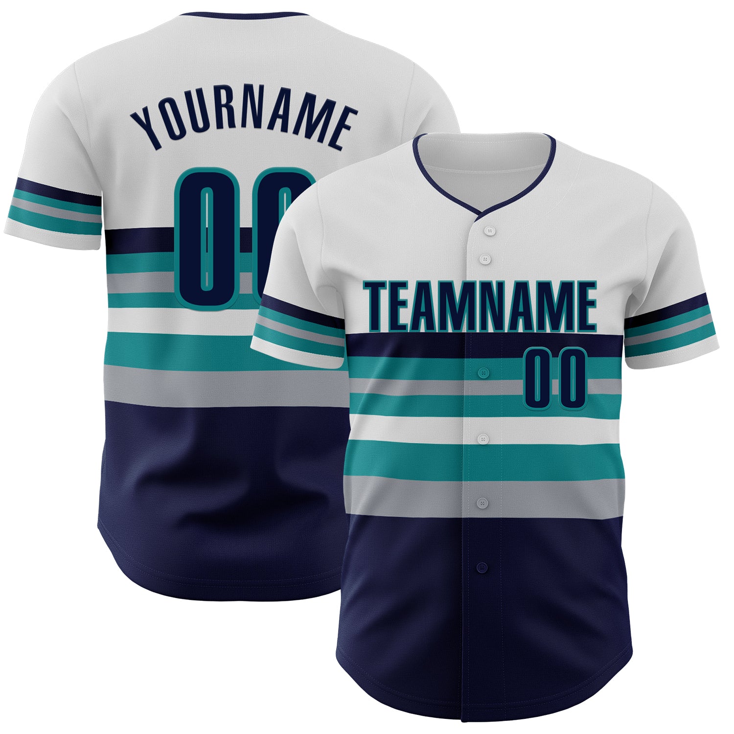 Custom White Navy Gray-Teal Block Stripes Lines Seattle Style Authentic Baseball Jersey