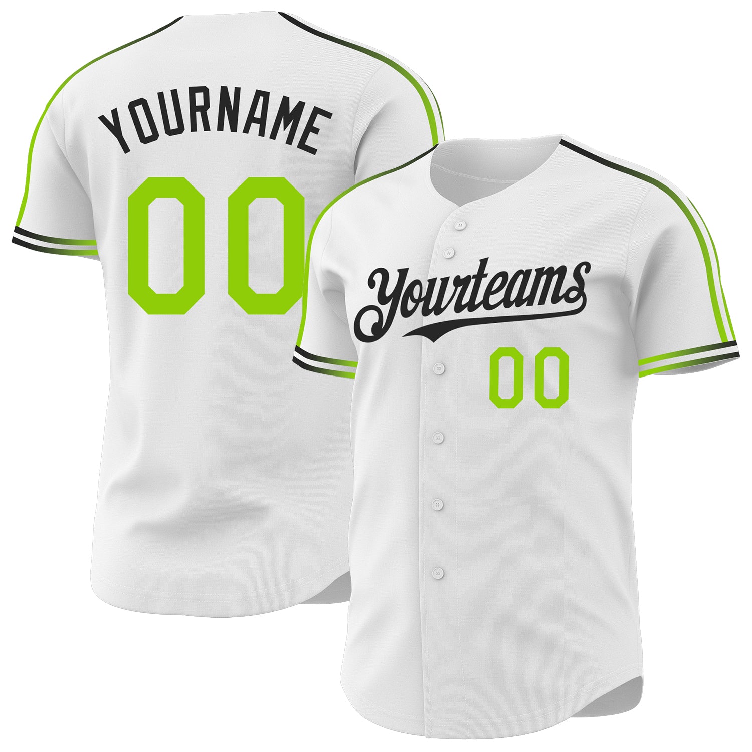 Custom White Neon Green-Black Raglan Line Gradient Stripe Authentic Baseball Jersey