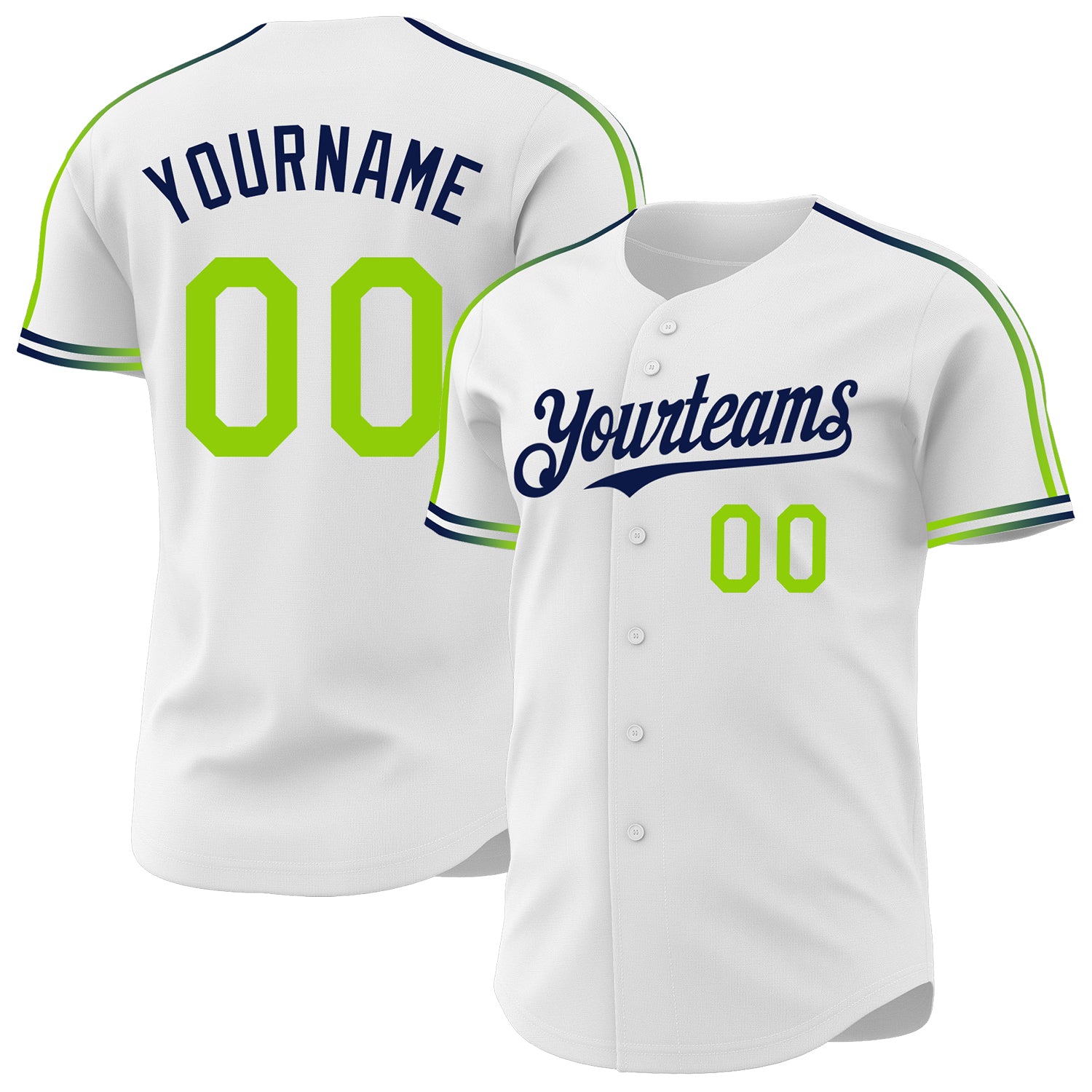 Custom White Neon Green-Navy Raglan Line Gradient Stripe Authentic Baseball Jersey