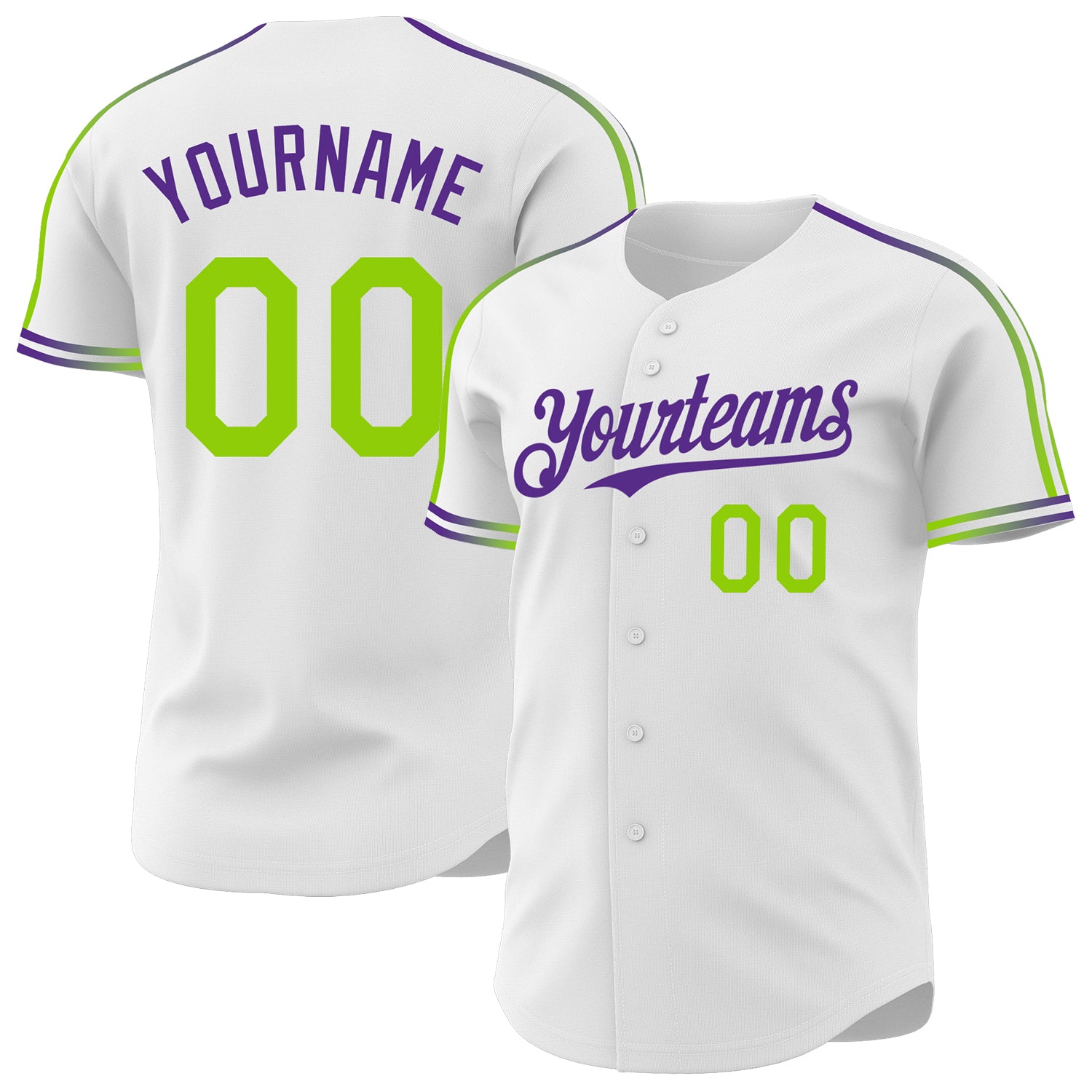 Custom White Neon Green-Purple Raglan Line Gradient Stripe Authentic Baseball Jersey