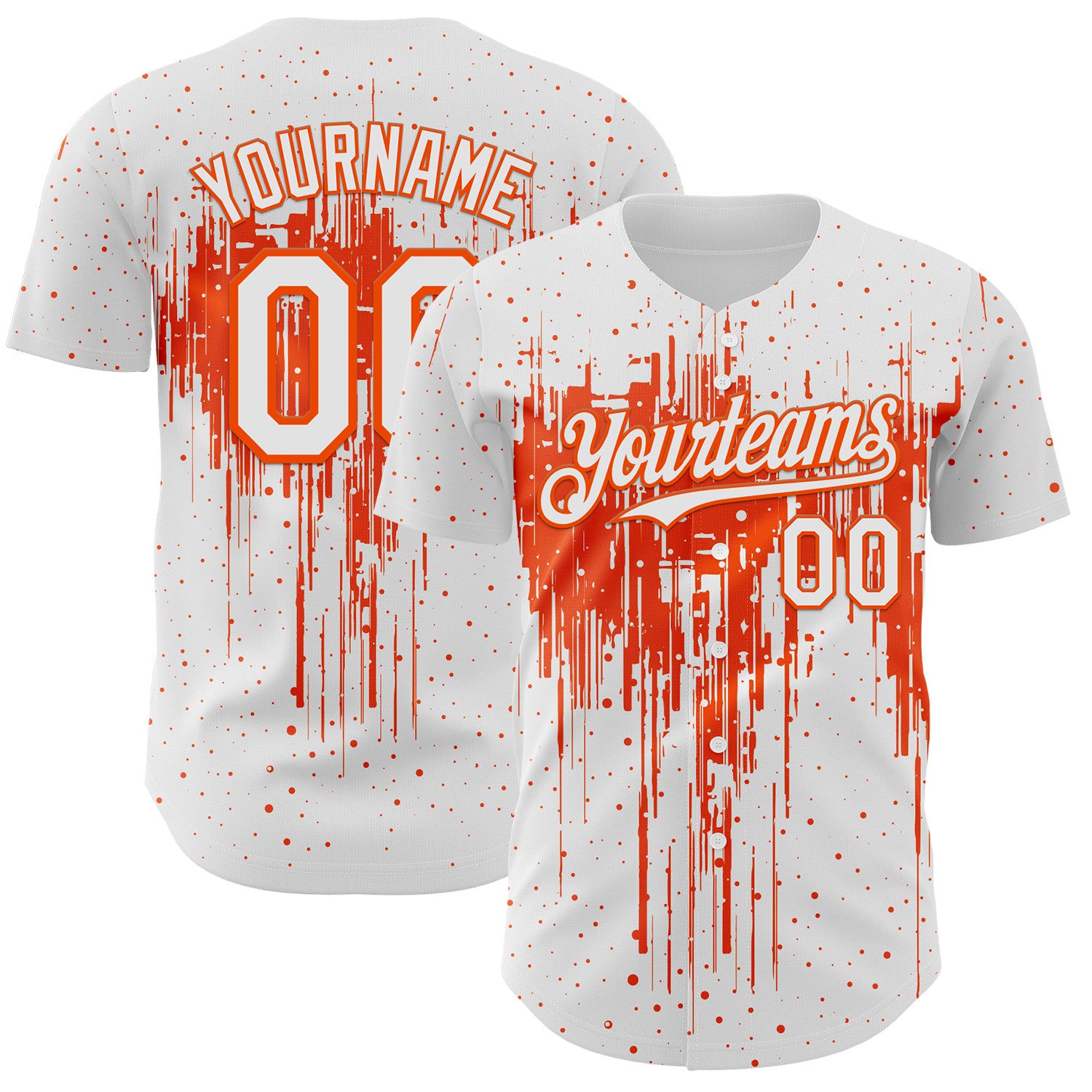 Custom White Orange 3D Pattern Design Dripping Splatter Paint Authentic Baseball Jersey