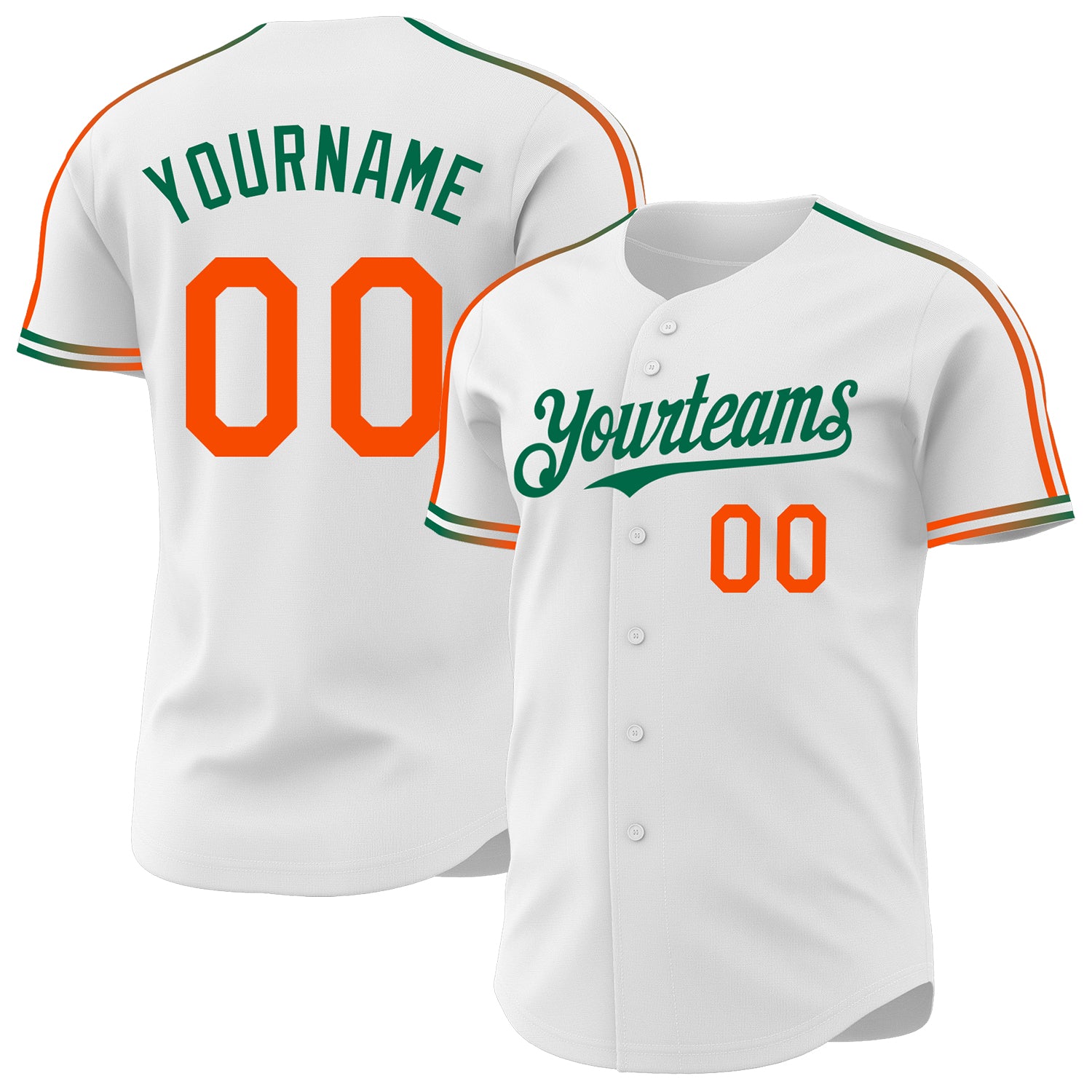 Custom White Orange-Kelly Green Raglan Line Gradient Stripe Authentic Baseball Jersey