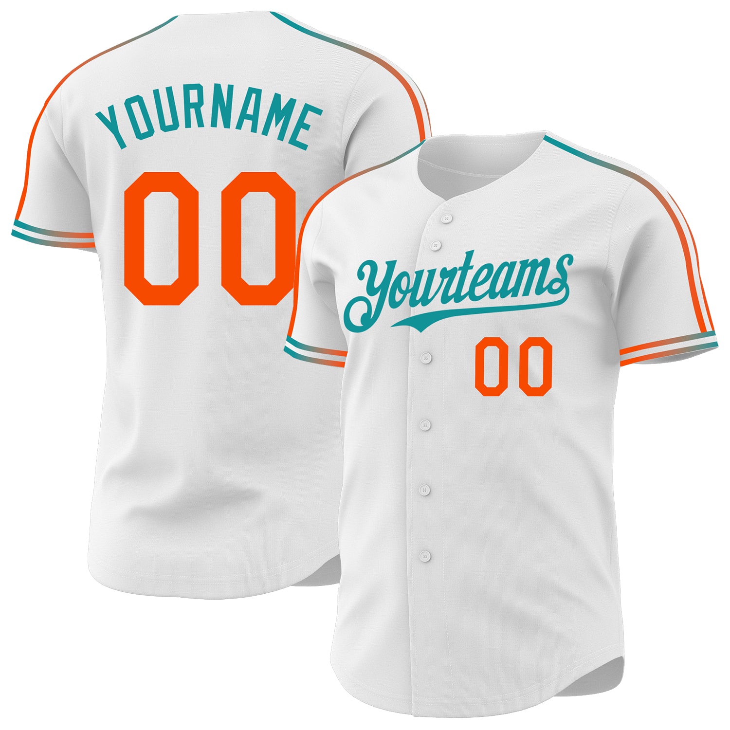Custom White Orange-Teal Raglan Line Gradient Stripe Authentic Baseball Jersey