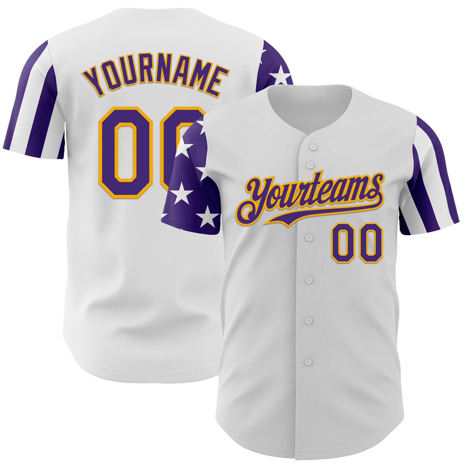 Custom White Purple-Gold Two Tone USA Flag Sleeves Stars and Stripes Authentic Baseball Jersey