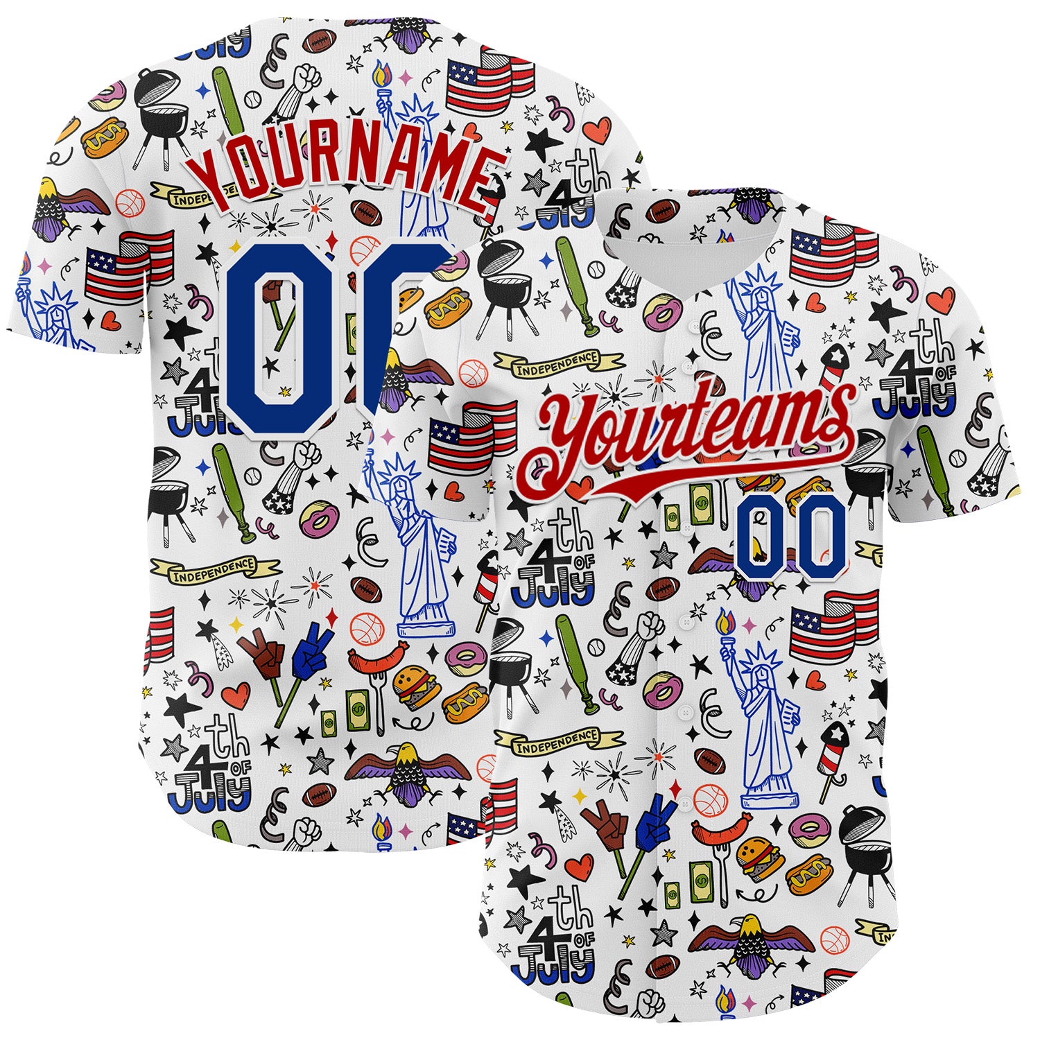 Custom White Royal-Red 3D American Flag Independence Day National Symbols Authentic Baseball Jersey