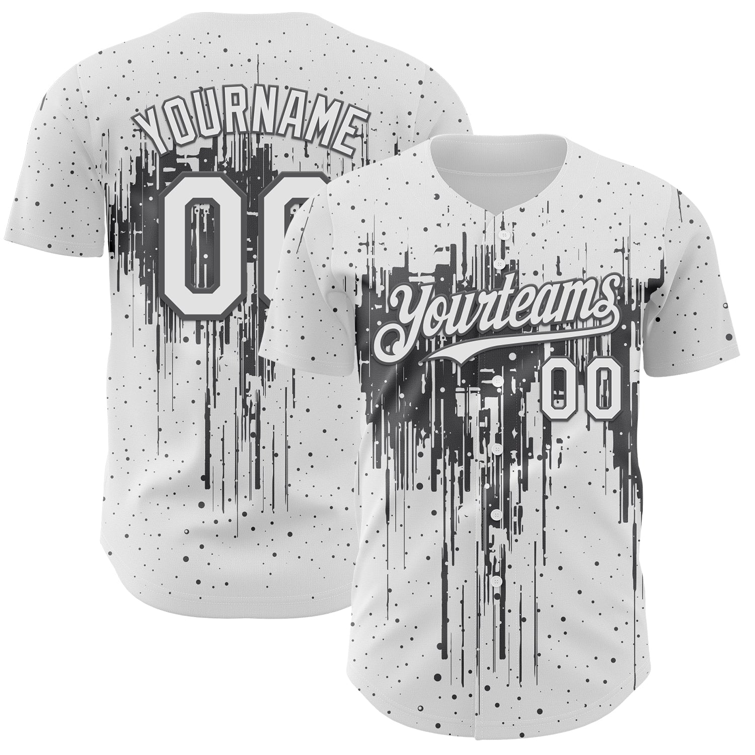 Custom White Steel Gray 3D Pattern Design Dripping Splatter Paint Authentic Baseball Jersey