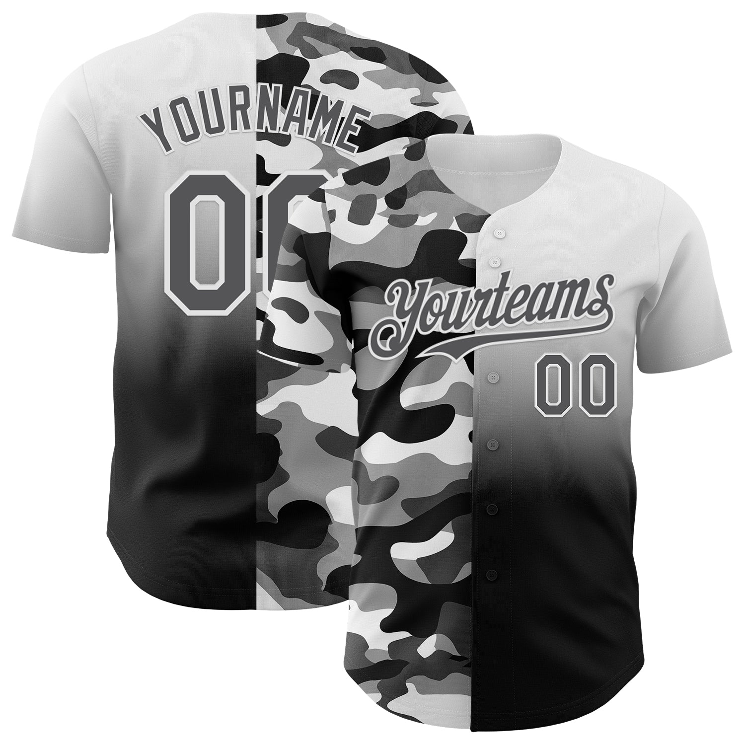 Custom White Steel Gray-Black Half Camo Ombre Authentic Baseball Jersey