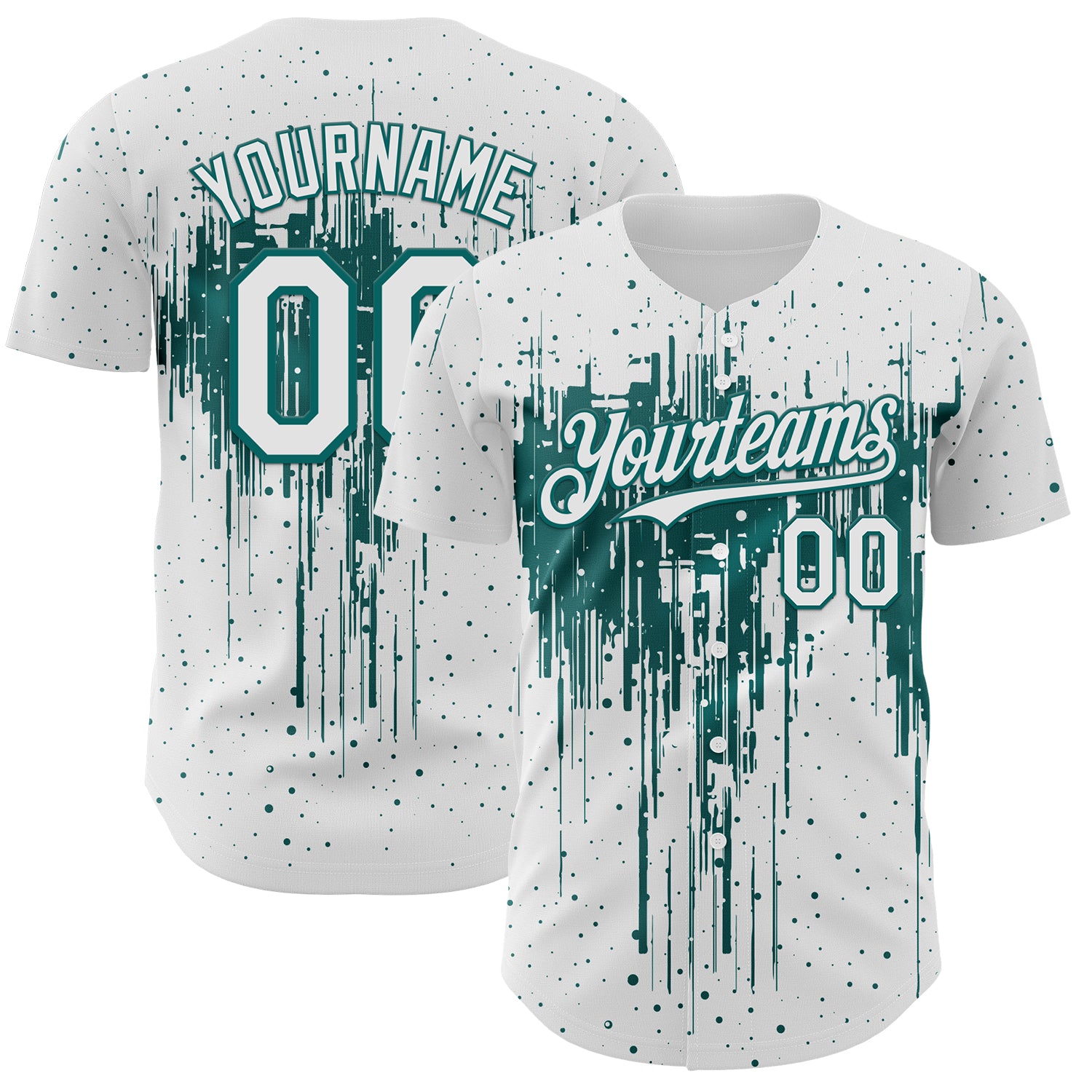 Custom White Teal 3D Pattern Design Dripping Splatter Paint Authentic Baseball Jersey
