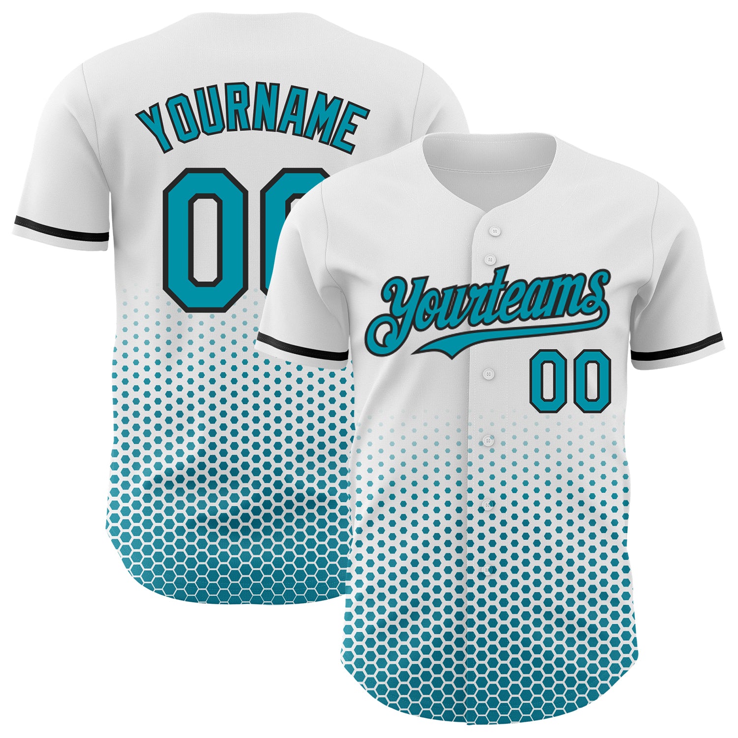 Custom White Teal-Black Geometric Hexagonal Dot Gradient Authentic Baseball Jersey